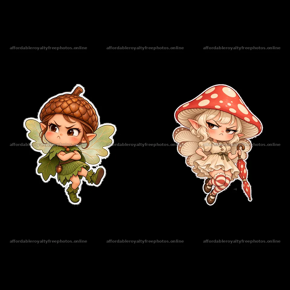 Grumpy fairy duo with acorn boy and mushroom girl – royalty-free photos 7746x7746