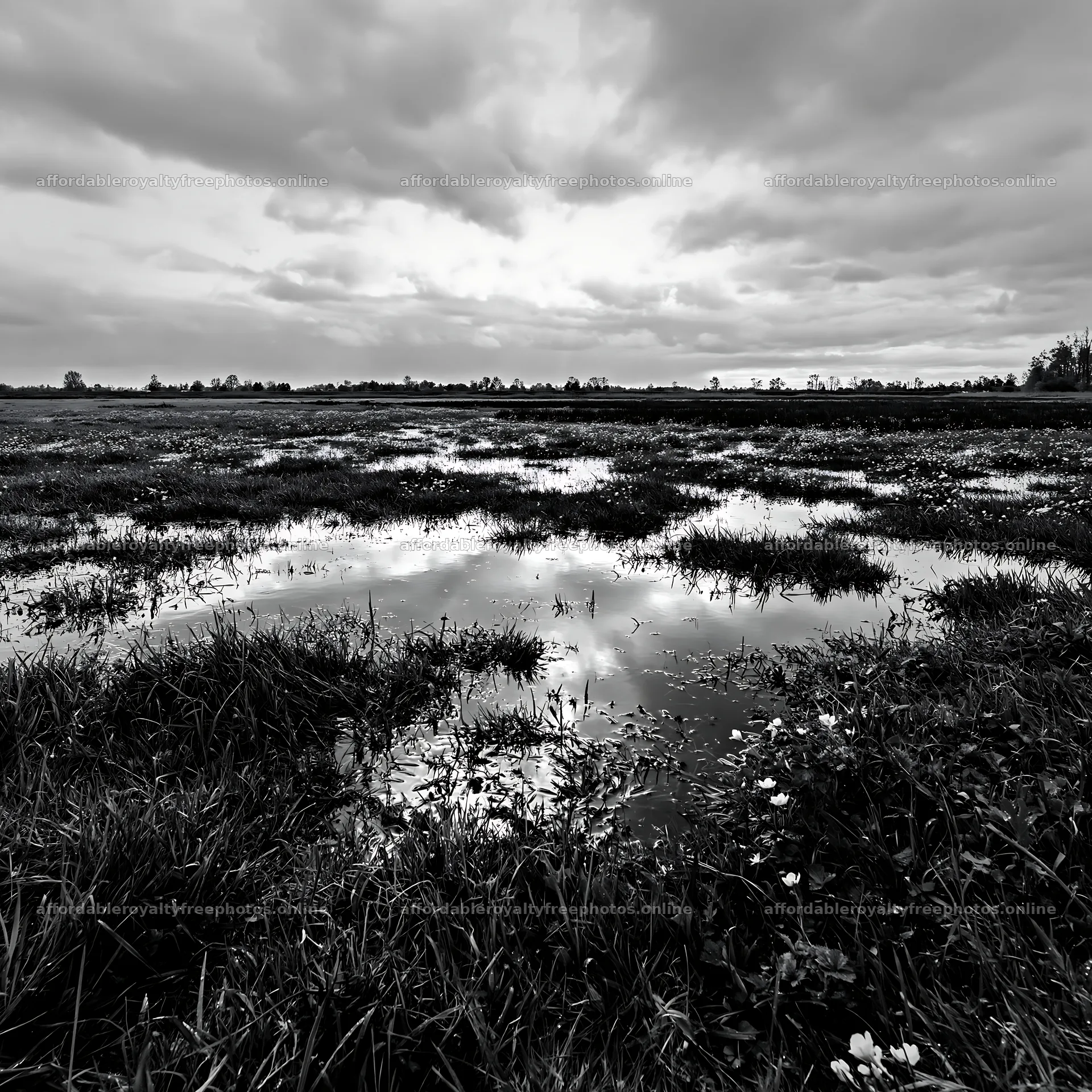 Regenerative meadow with water reflection and cloudy sky – royalty-free photos 7938x7938
