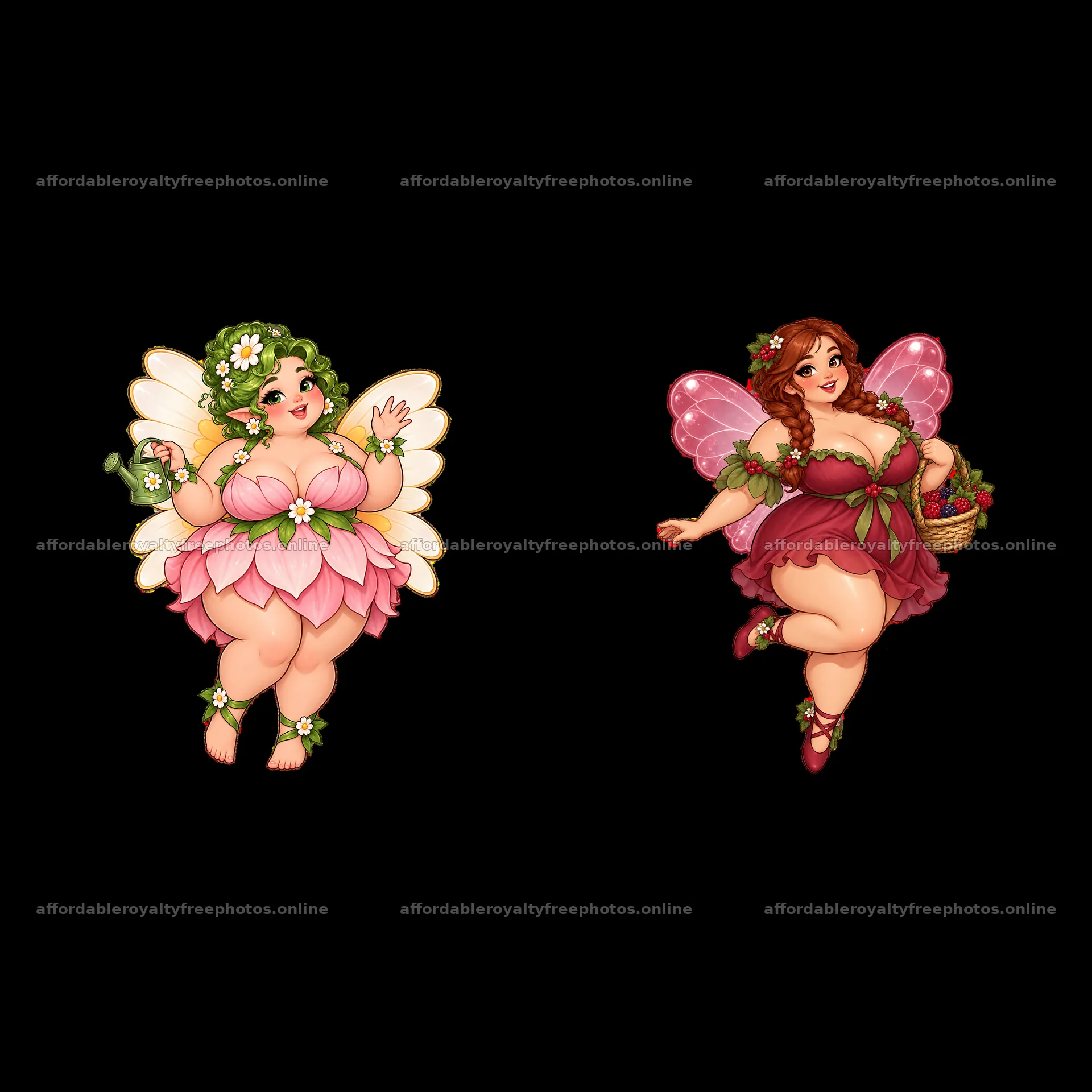 Kawaii ultra-fat fairies with flowers and baskets in a – royalty-free photos 7746x7746