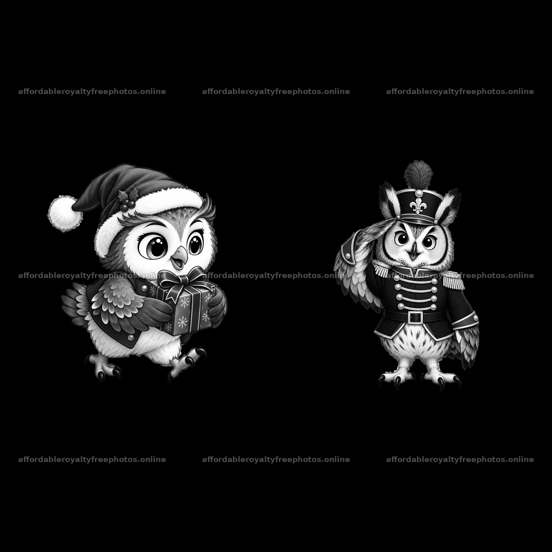 Christmas owls in festive hats with gifts and uniforms – royalty-free photos 7746x7746