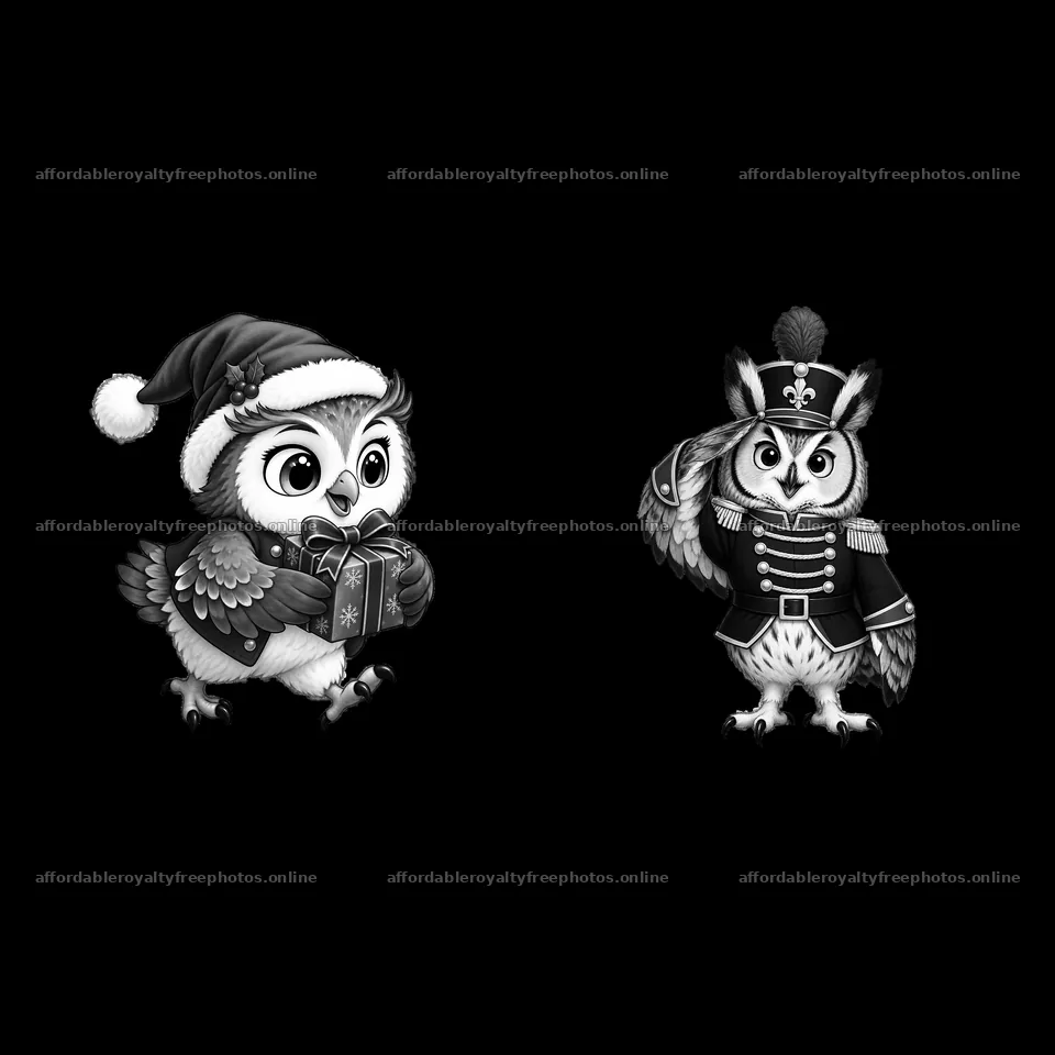 Christmas owls in festive hats with gifts and uniforms – royalty-free photos 7746x7746