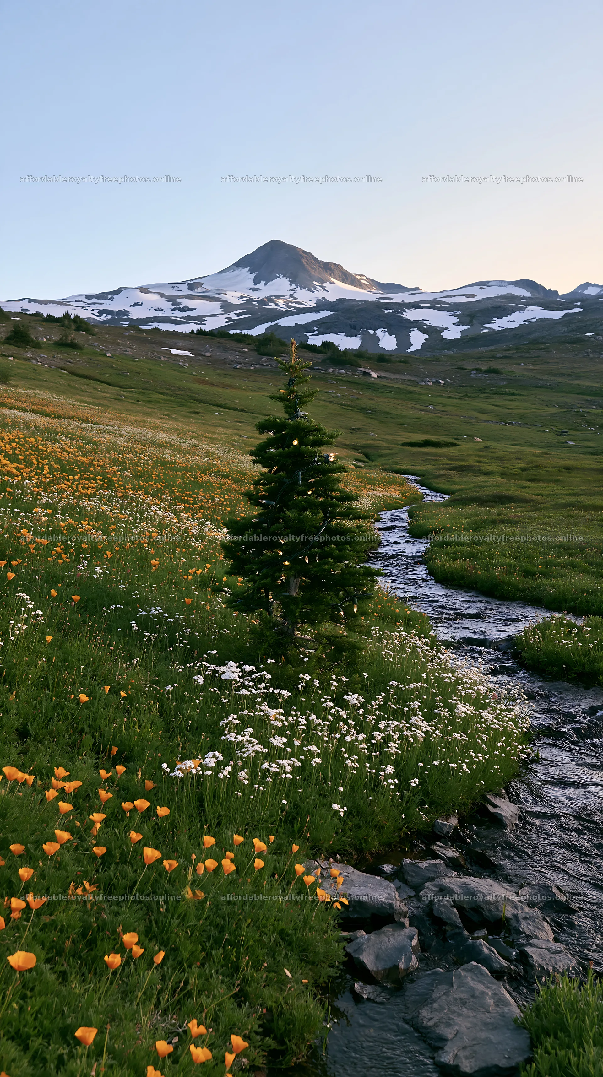 Christmas tree with lights next to stream in meadow – royalty-free photos 5938x10608