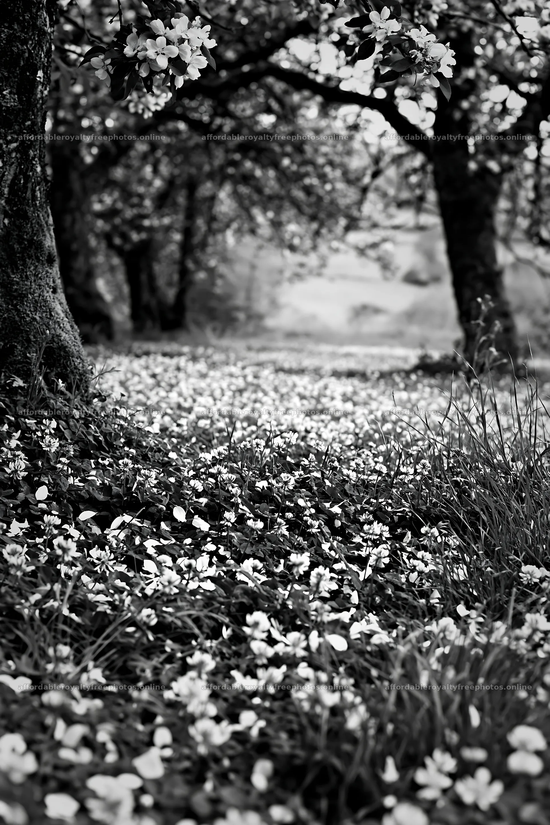 Clover apple meadow with trees and flowers in black and – royalty-free photos 6480x9722