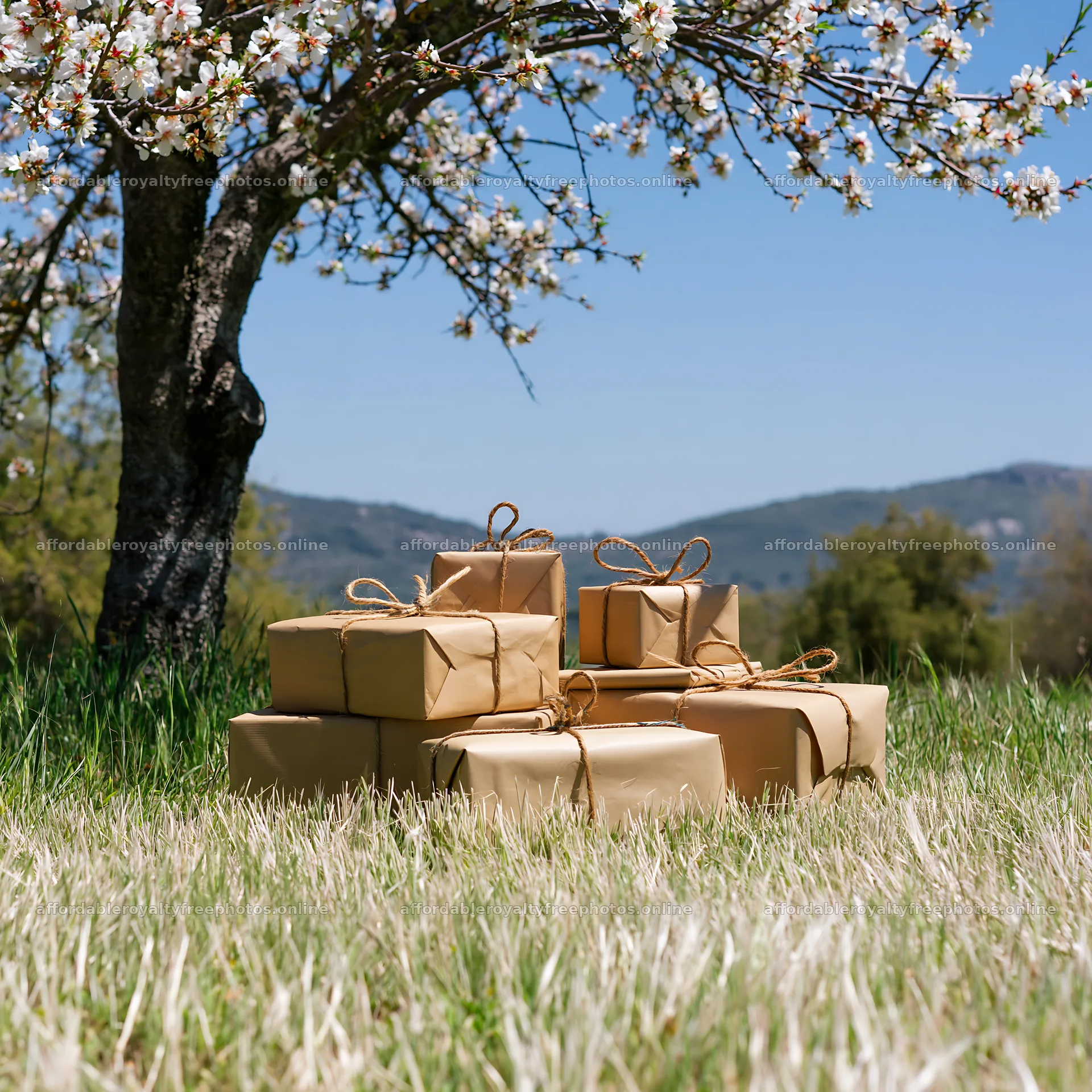 Wrapped gifts under a tree in a meadow on a sunny day – royalty-free photos 7938x7938