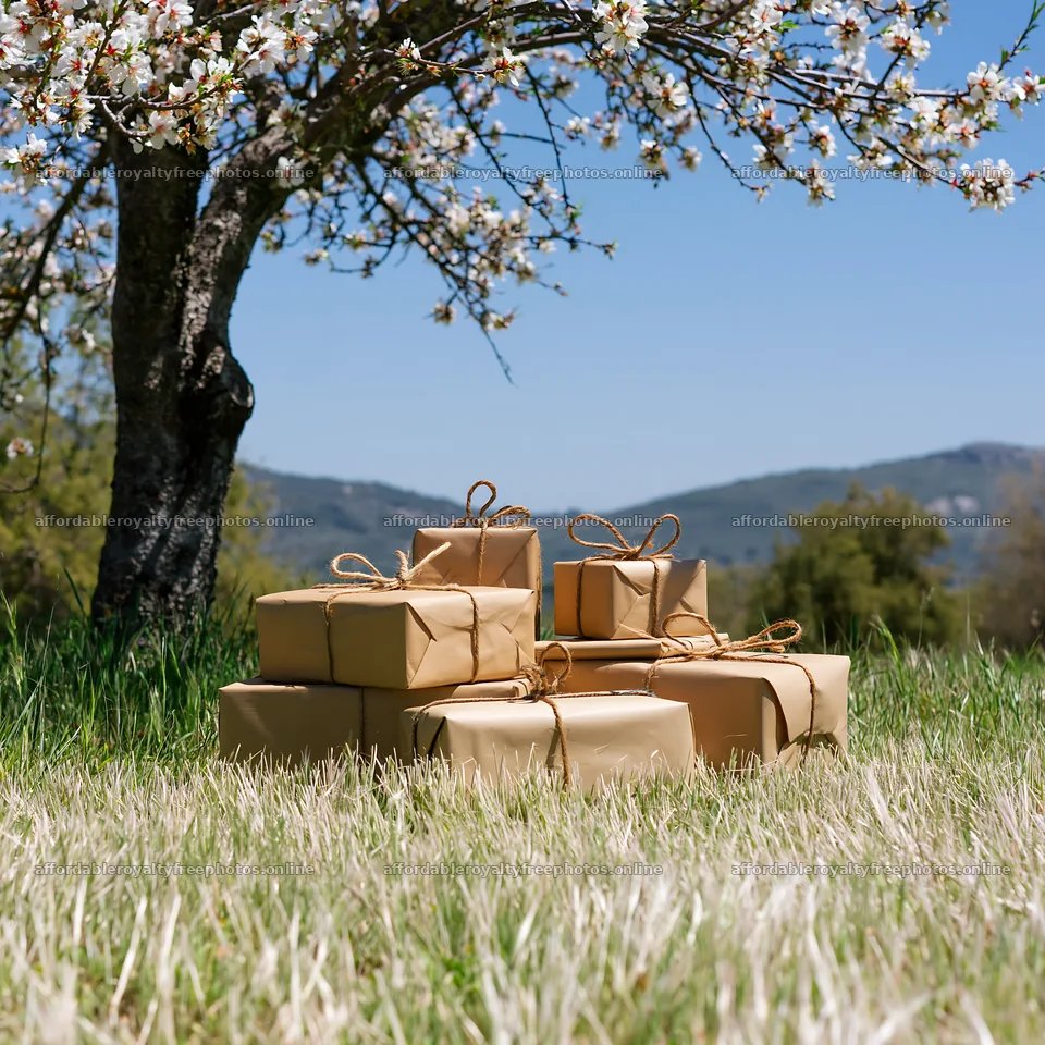 Wrapped gifts under a tree in a meadow on a sunny day – royalty-free photos 7938x7938