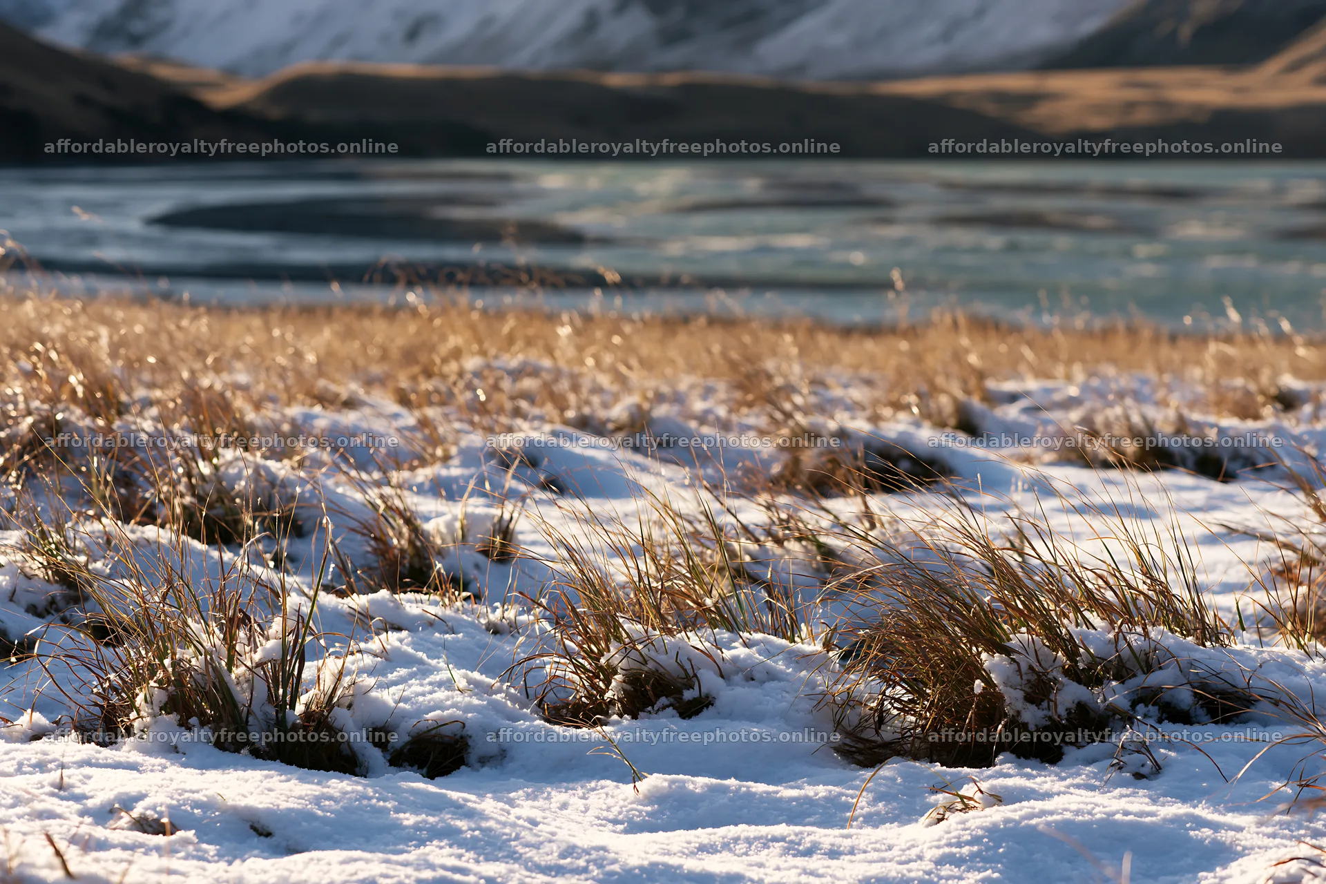 Lakeside meadow after first snowfall shows nature in – royalty-free photos 9722x6480