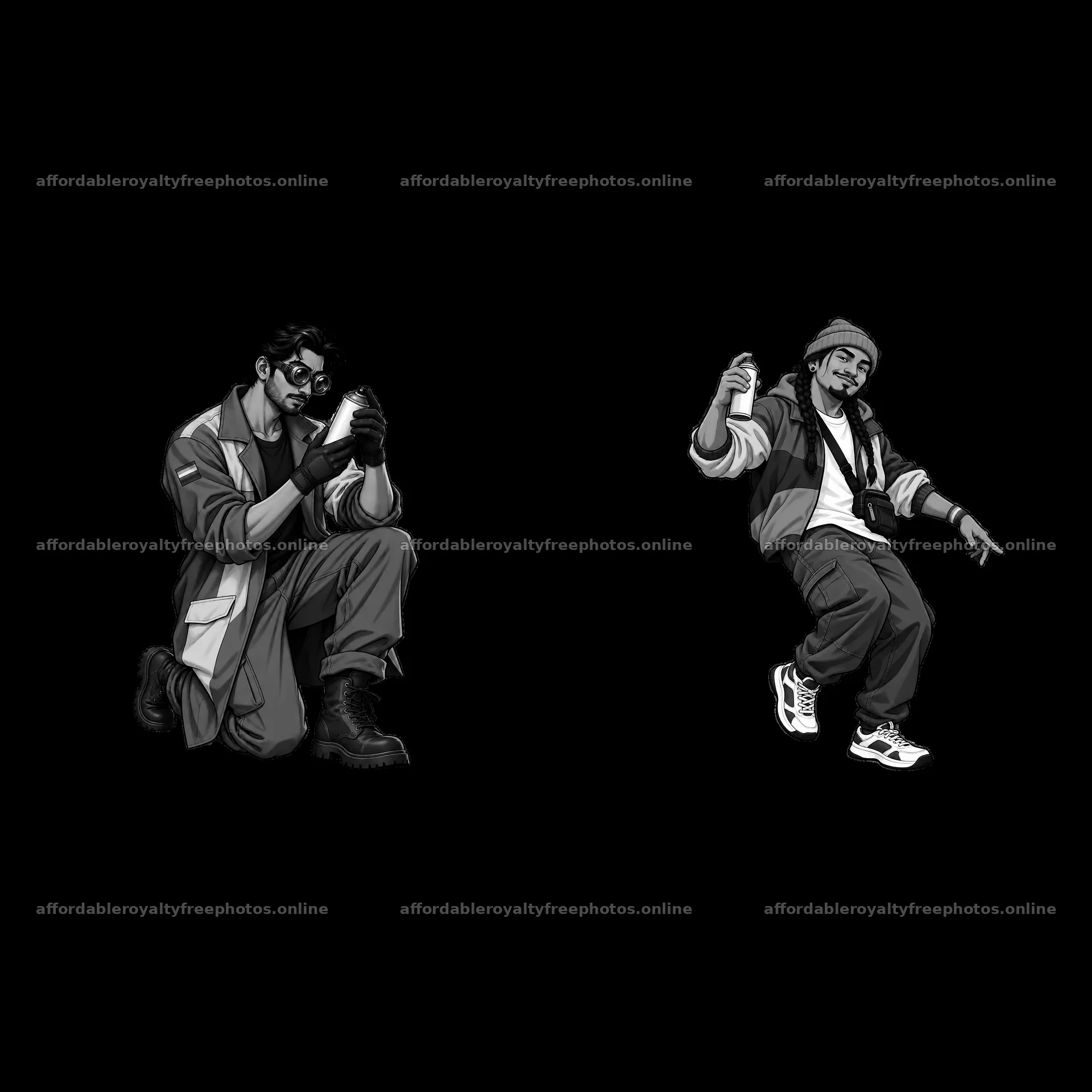 Two graffiti artists spray painting in urban setting – royalty-free photos 7746x7746