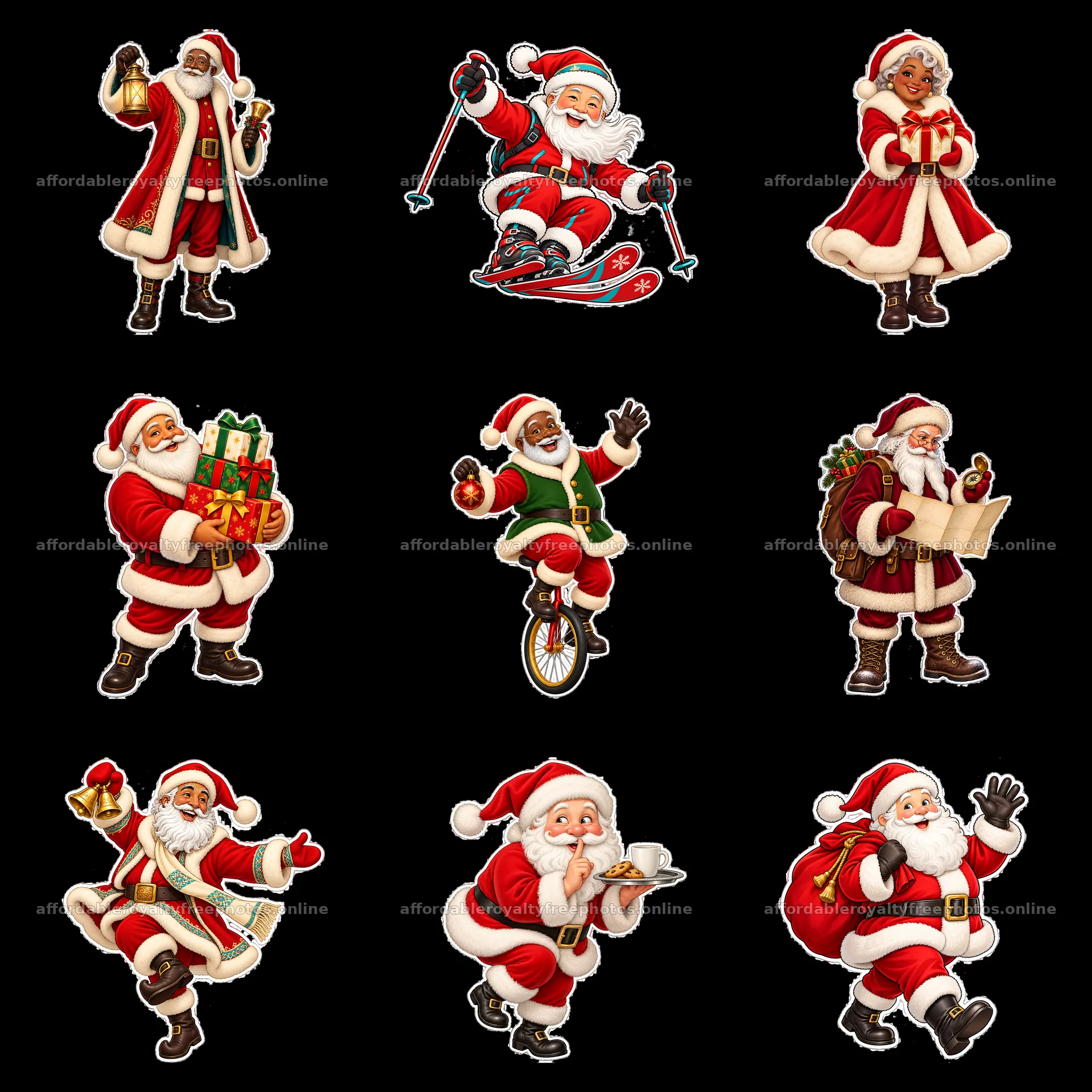 Santa Claus cartoon characters engaged in festive – royalty-free photos 7746x7746