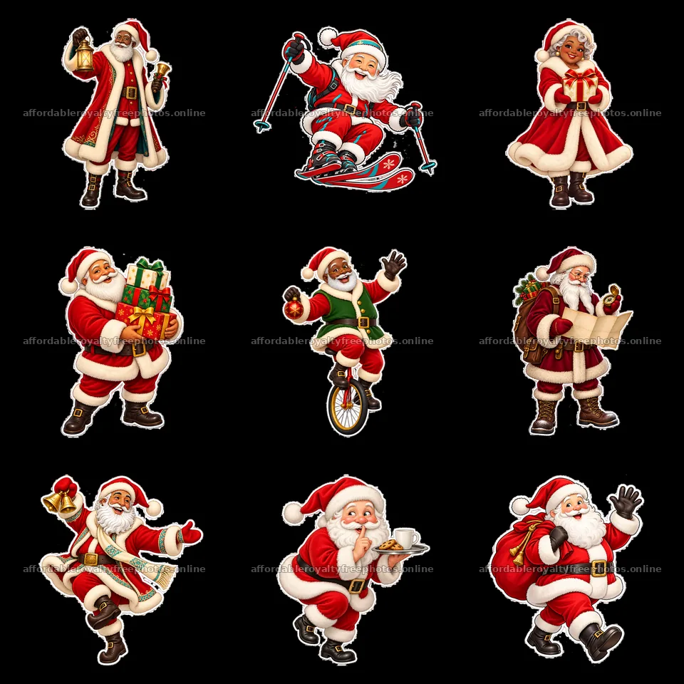 Santa Claus cartoon characters engaged in festive – royalty-free photos 7746x7746