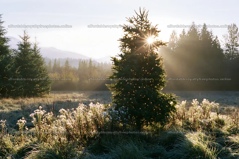Christmas tree in meadow with sunlight in morning – royalty-free photos 9722x6480