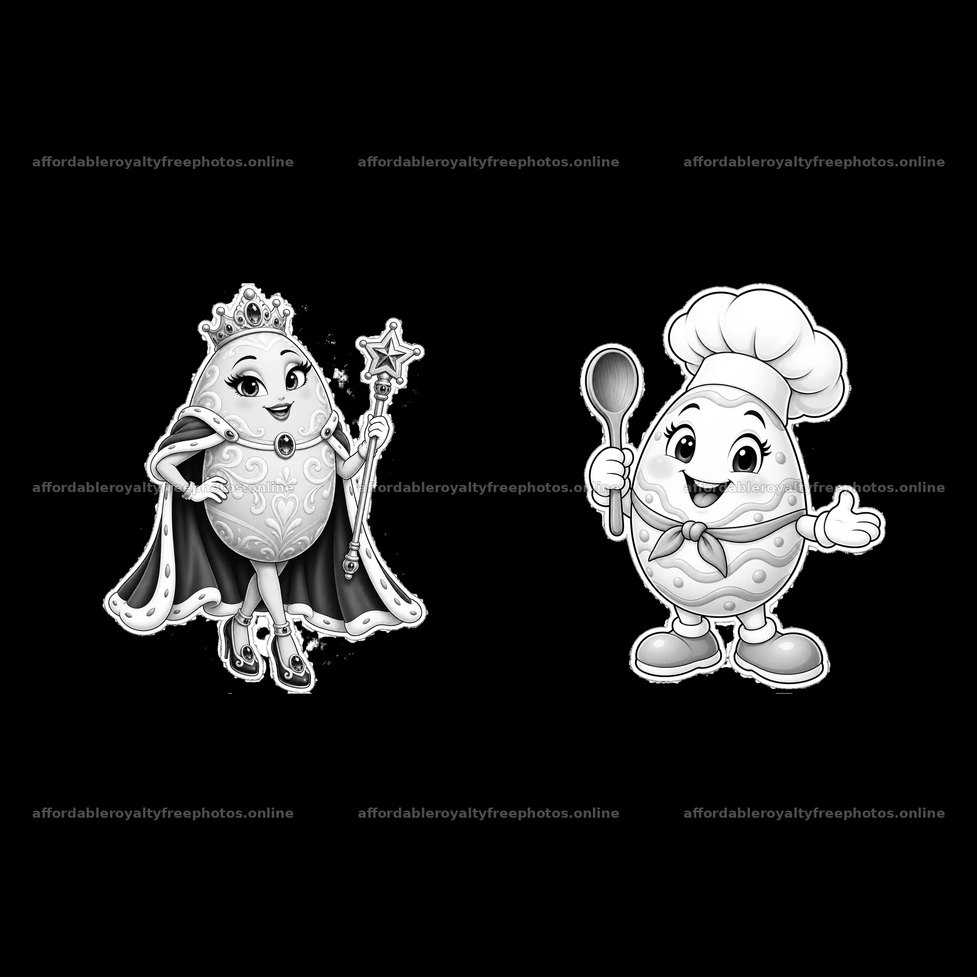 Easter egg characters with crown and chef hat in black and white – royalty-free photos 7746x7746