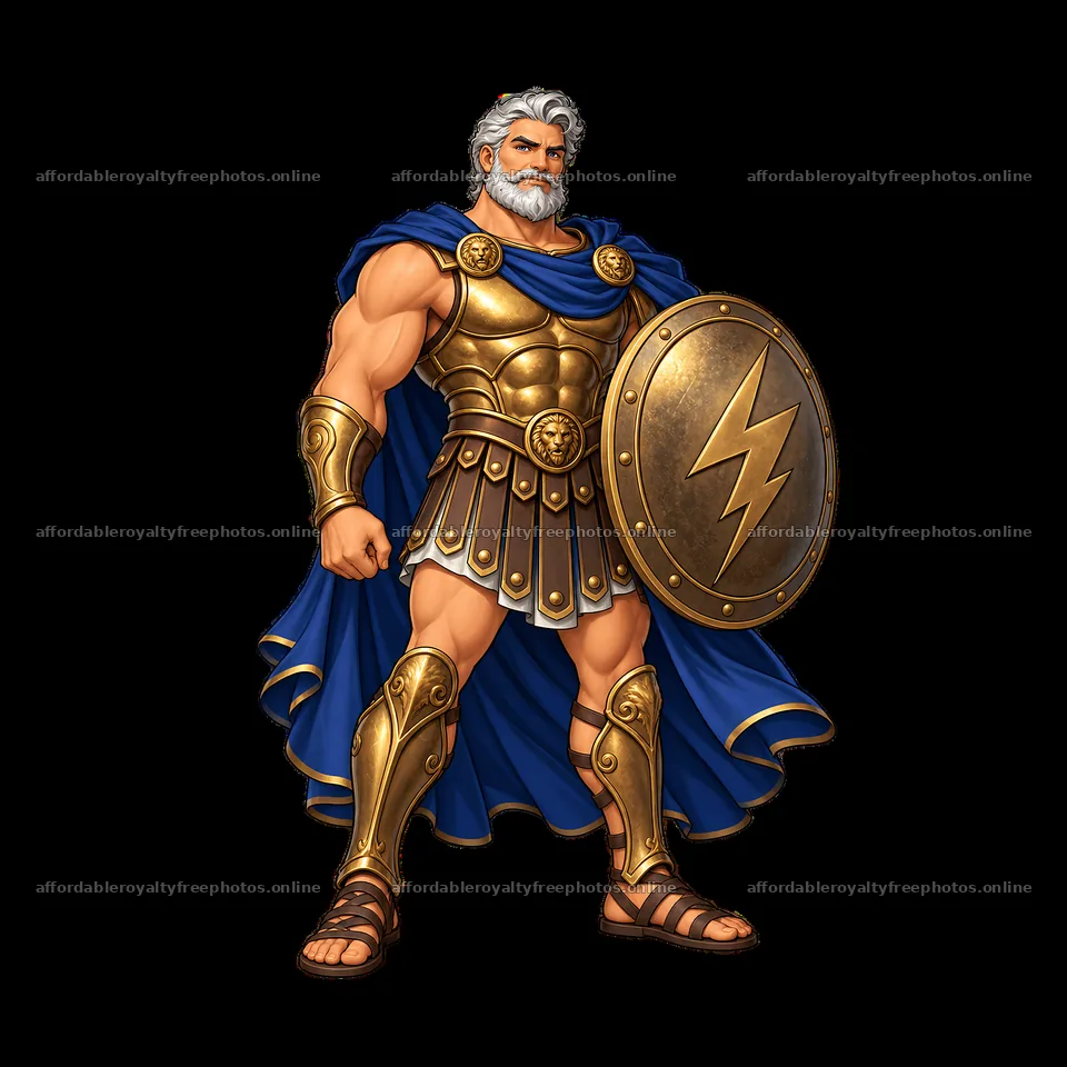 Zeus stands confidently with shield and lightning bolt – royalty-free photos 7746x7746