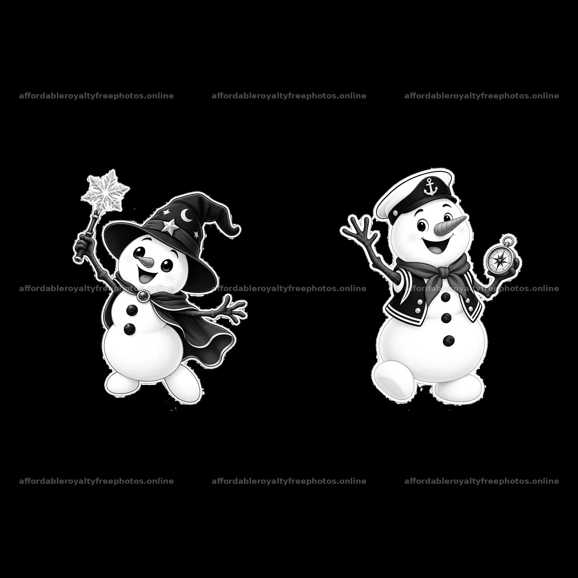 Snowman in witch hat with magic wand and snowman in – royalty-free photos 7746x7746