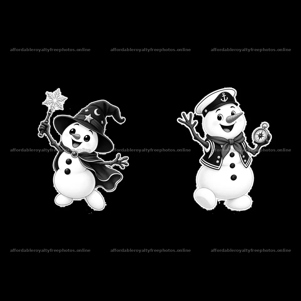 Snowman in witch hat with magic wand and snowman in – royalty-free photos 7746x7746