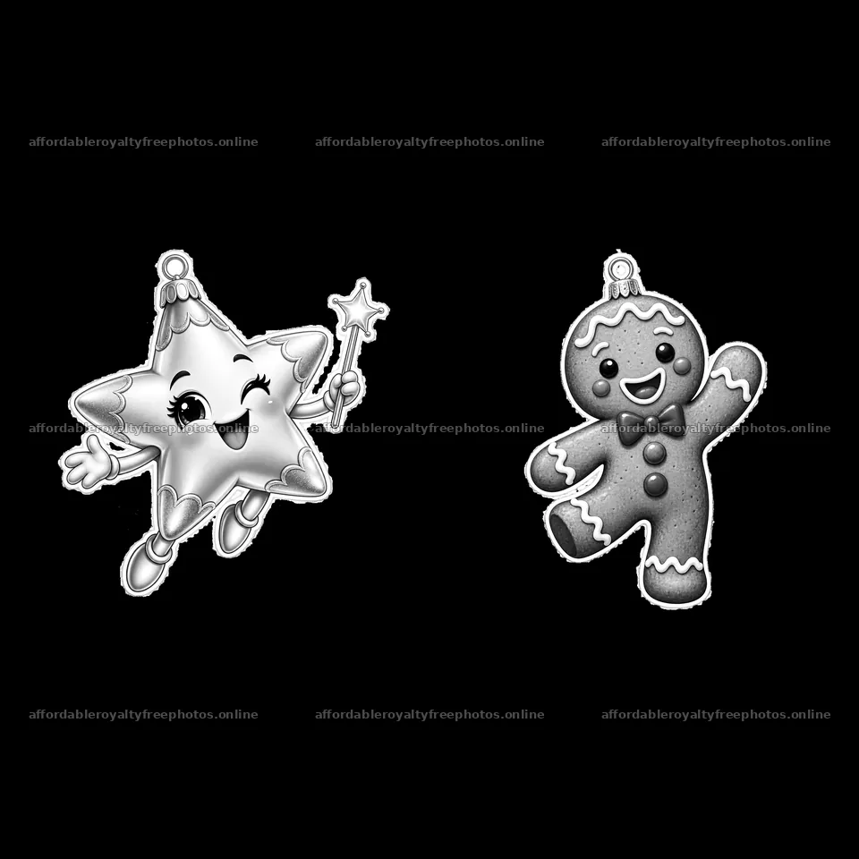 Cheerful star and gingerbread man cartoon ornaments for Christmas – royalty-free photos 7746x7746