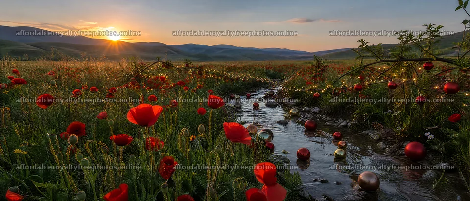 Christmas ornaments along stream in meadow at sunset – royalty-free photos 12124x5196