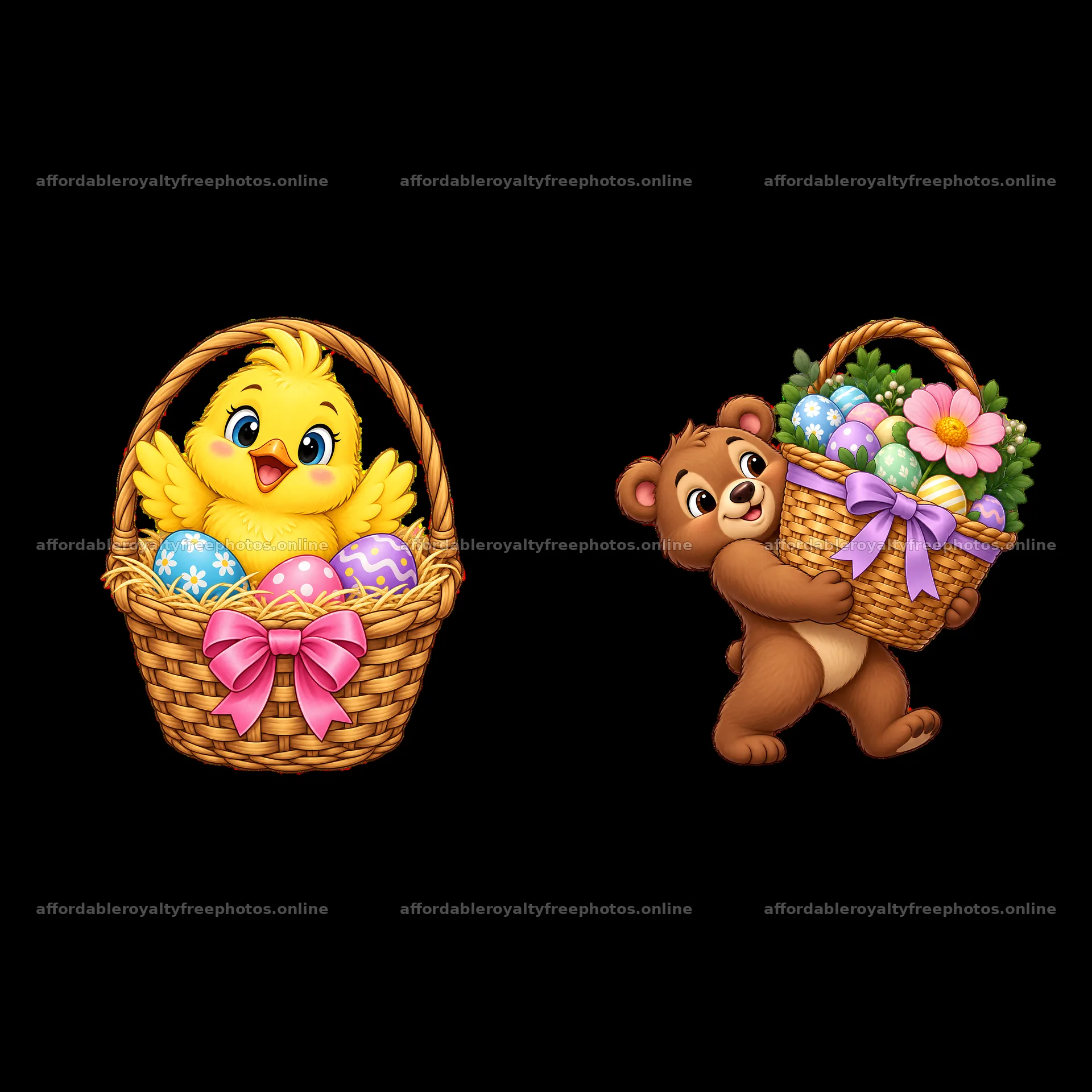 Easter chick and bear with baskets of decorated eggs and – royalty-free photos 7746x7746