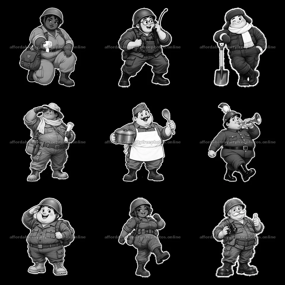 Cute ultra-chubby soldiers engaged in various activities – royalty-free photos 7746x7746