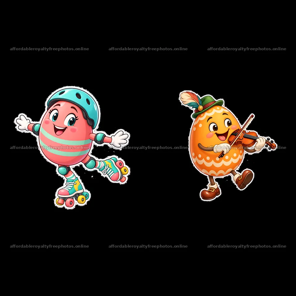 Colorful Easter egg characters with roller skates and violin – royalty-free photos 7746x7746