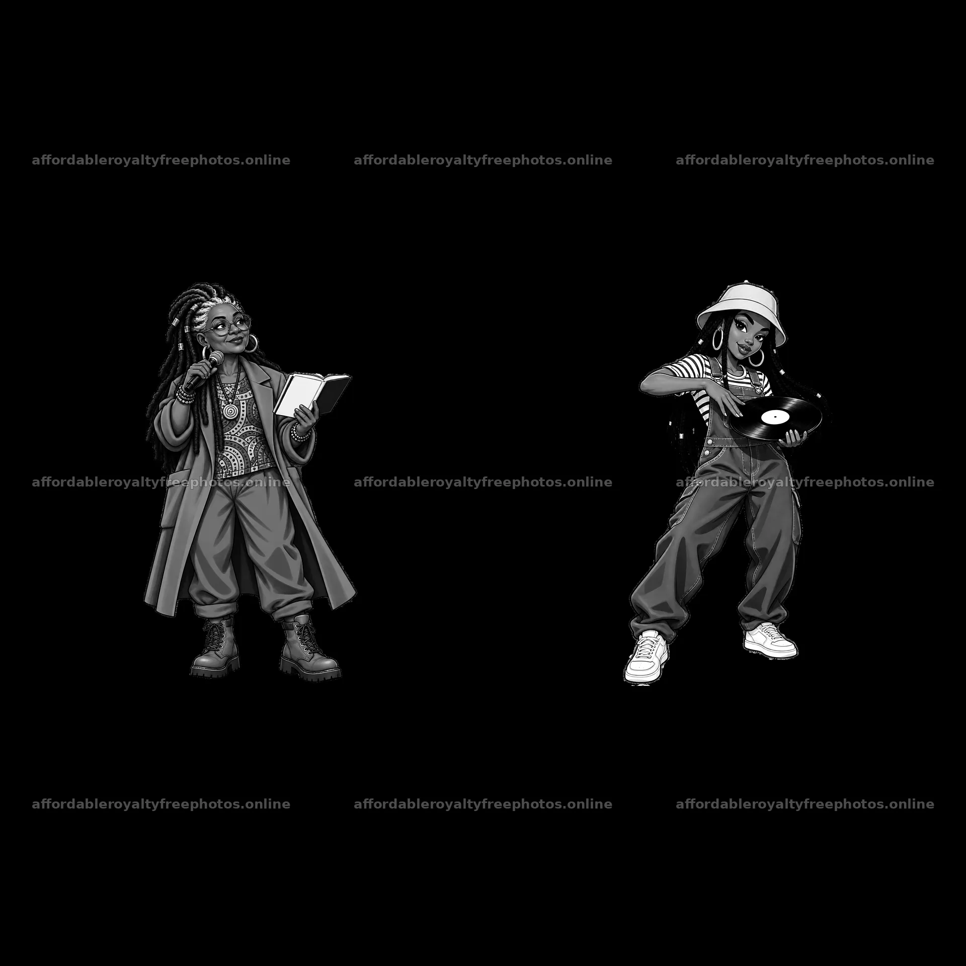 Hip-hop artists reading and spinning records in black – royalty-free photos 7746x7746