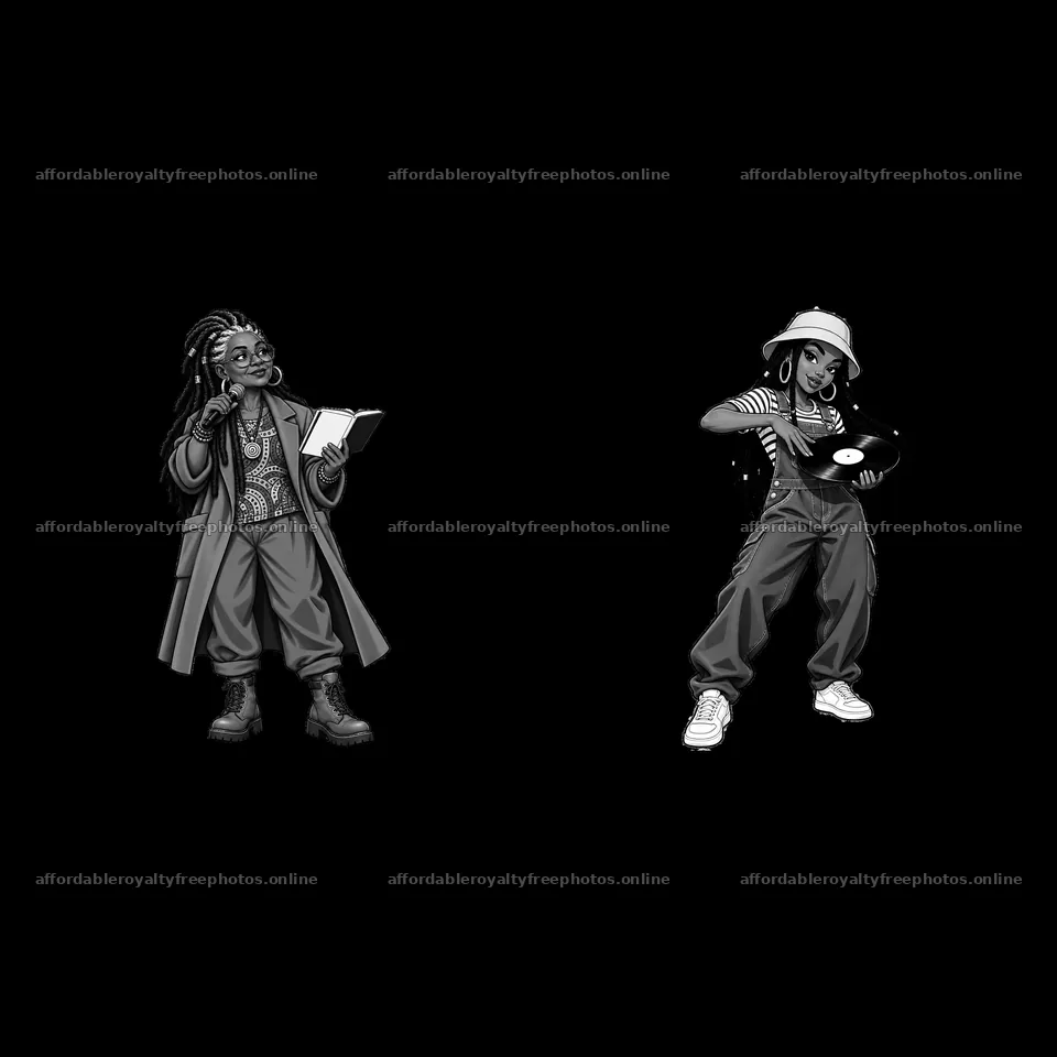 Hip-hop artists reading and spinning records in black – royalty-free photos 7746x7746