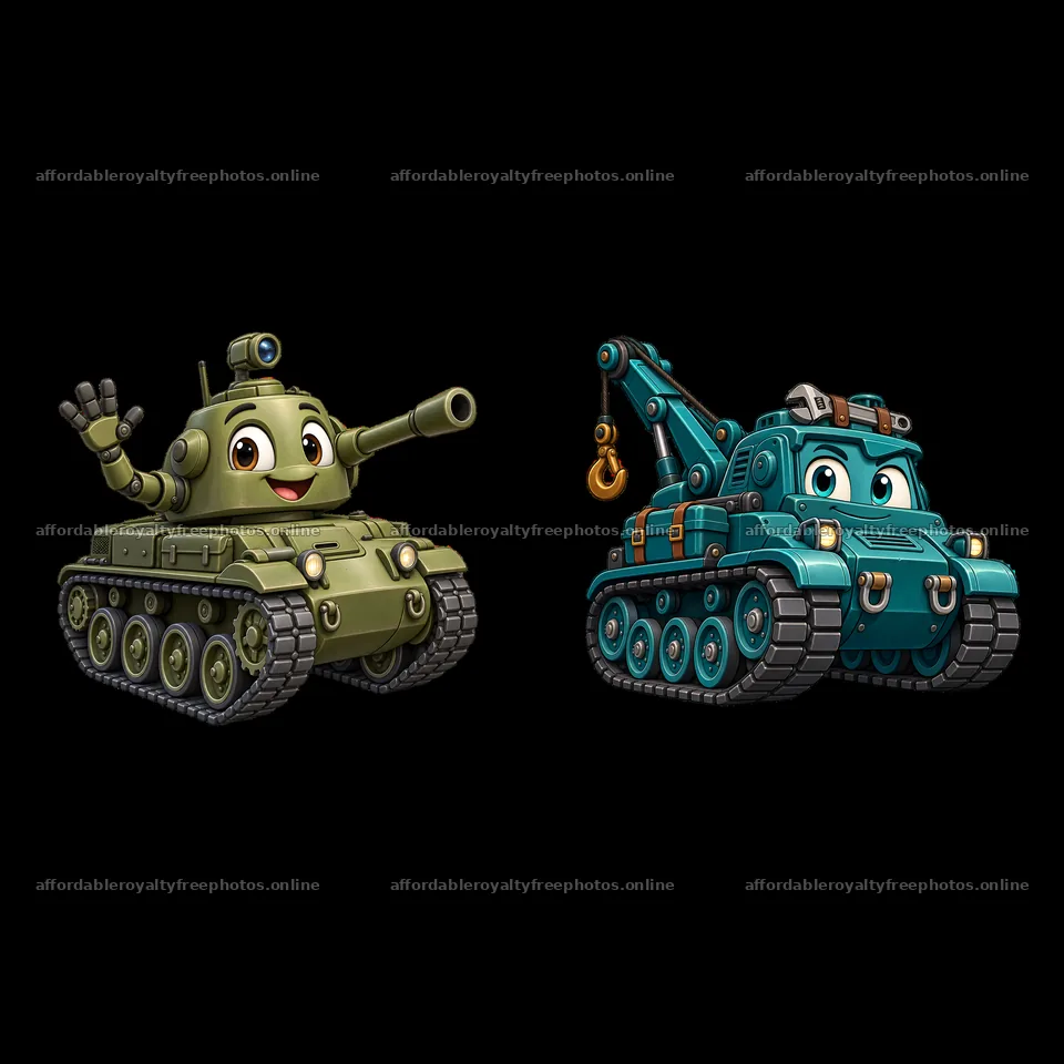 Cartoon tank characters in playful poses with accessories – royalty-free photos 7746x7746