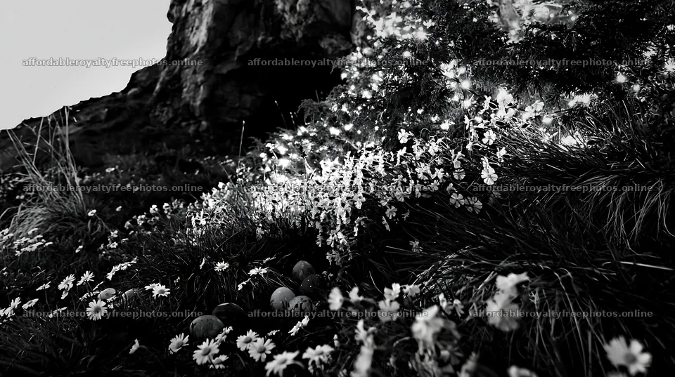 Christmas tree near cave in meadow with flowers – royalty-free photos 10608x5938