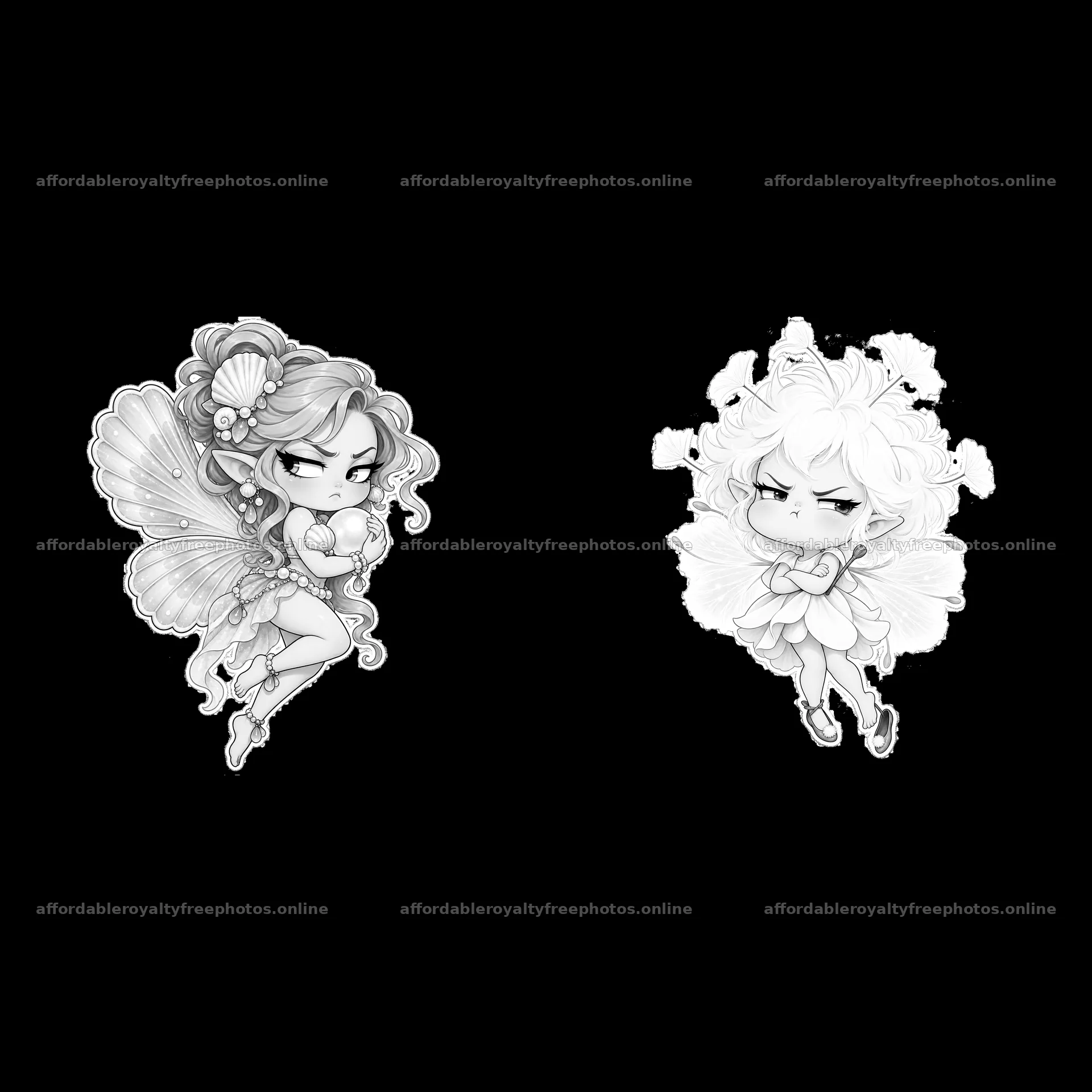 Kawaii grumpy fairies with detailed wings in monochrome – royalty-free photos 7746x7746