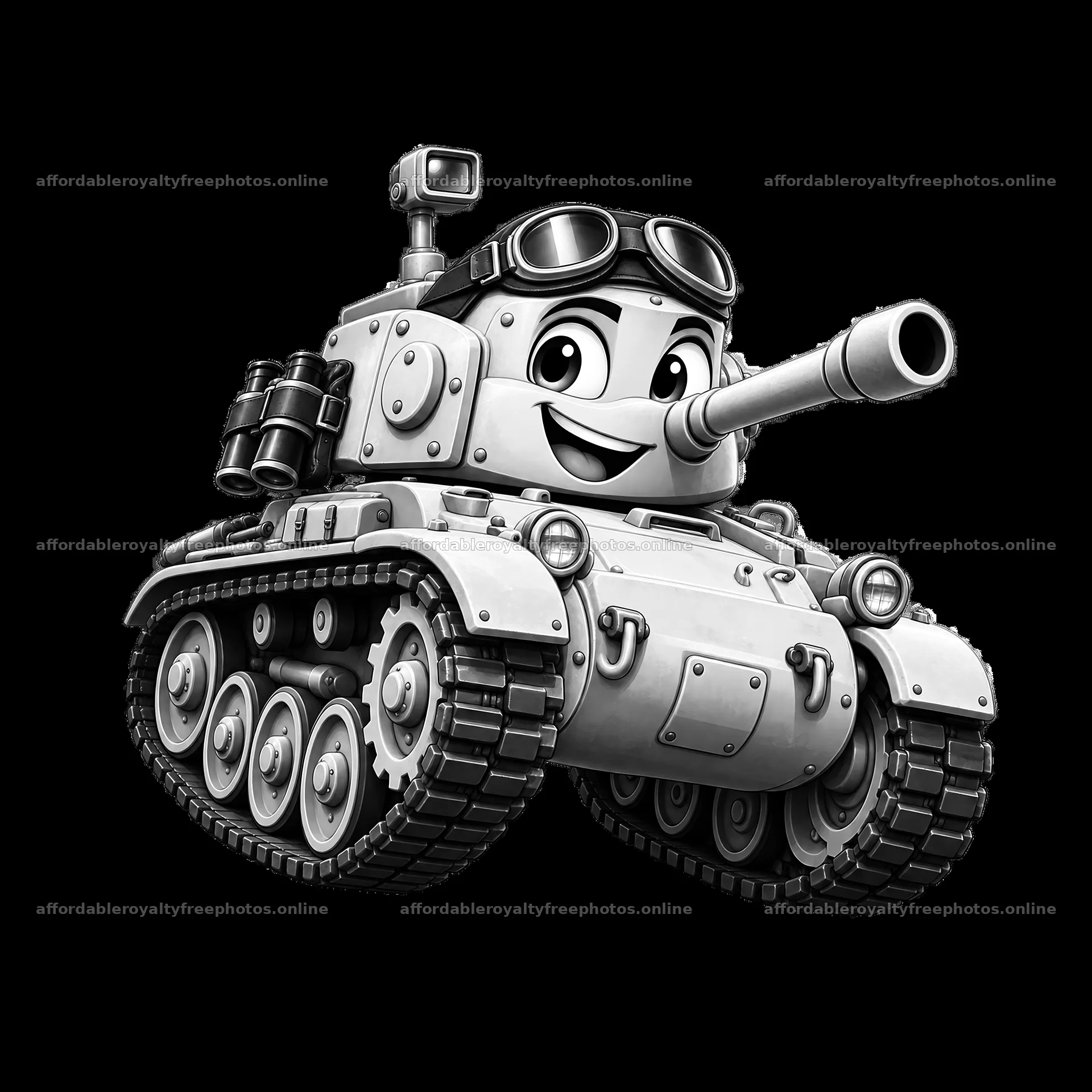 Cartoon smiling tank character with goggles and – royalty-free photos 7746x7746