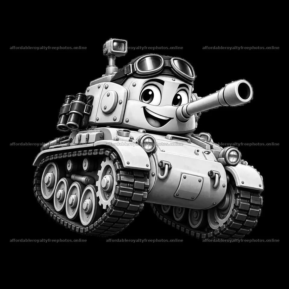 Cartoon smiling tank character with goggles and – royalty-free photos 7746x7746