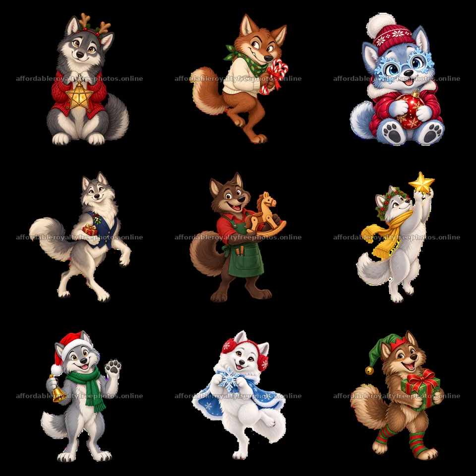 Christmas wolves in festive outfits with holiday – royalty-free photos 7746x7746