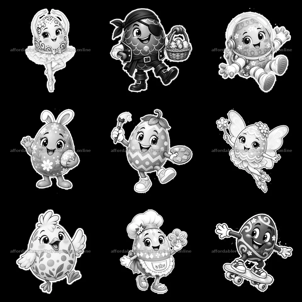 Colorful Easter eggs with characters in a 3x3 grid layout – royalty-free photos 7746x7746