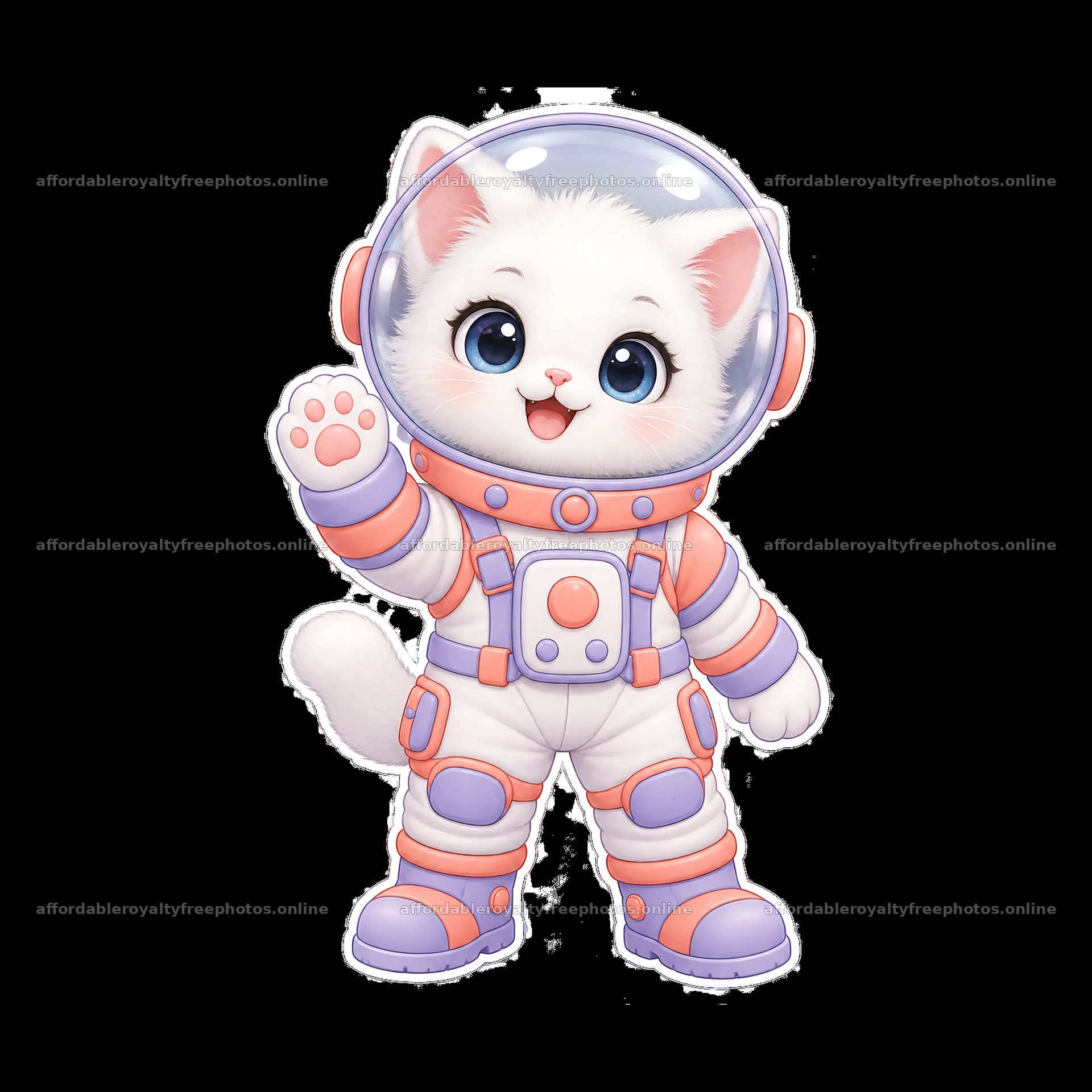 Cute white cat in a space suit waving happily – royalty-free photos 7746x7746