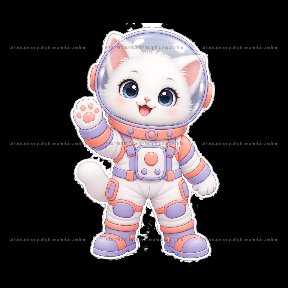 Cute white cat in a space suit waving happily – royalty-free photos 7746x7746