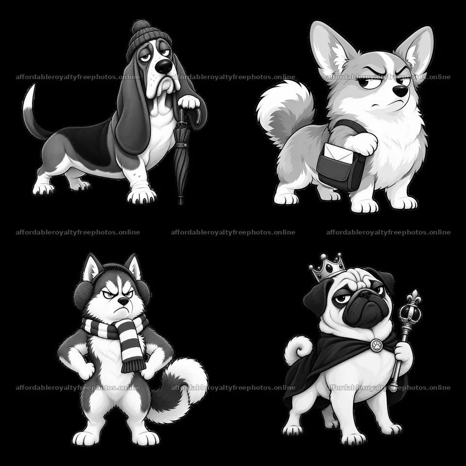 Grumpy dog characters in various outfits and poses – royalty-free photos 7746x7746