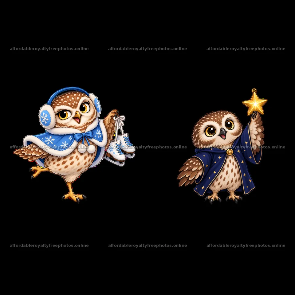 Christmas owls with ice skates and star in winter outfits – royalty-free photos 7746x7746