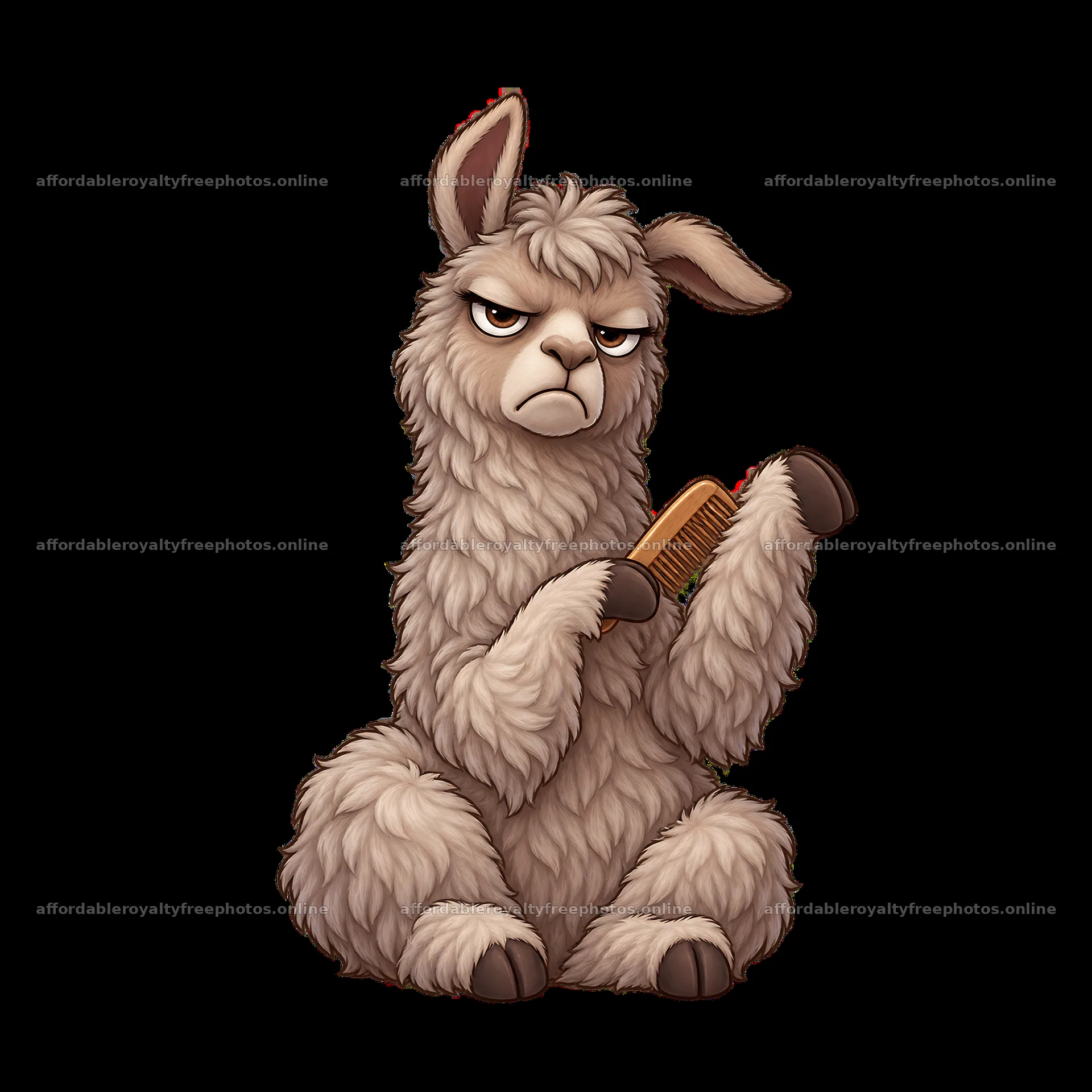 Grumpy llama holding a comb with a displeased expression – royalty-free photos 7746x7746