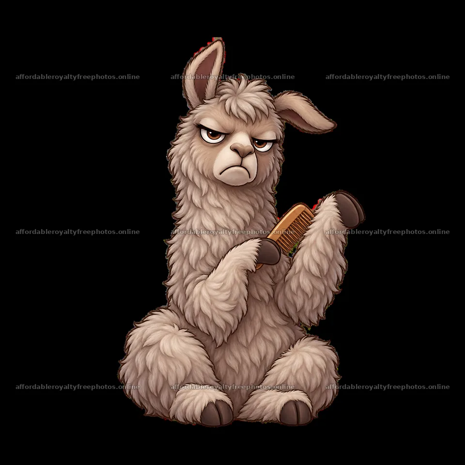 Grumpy llama holding a comb with a displeased expression – royalty-free photos 7746x7746