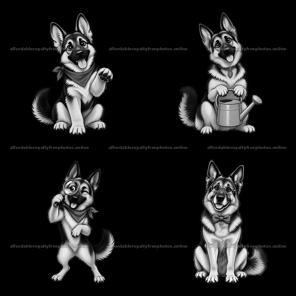 Four playful German Shepherd cartoon stickers in a grid – royalty-free photos 7746x7746