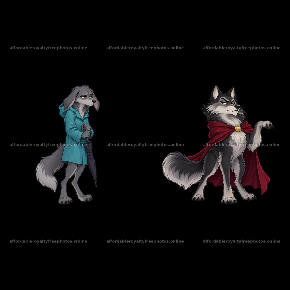Grumpy wolf in a blue coat and another with a red cape – royalty-free photos 7746x7746
