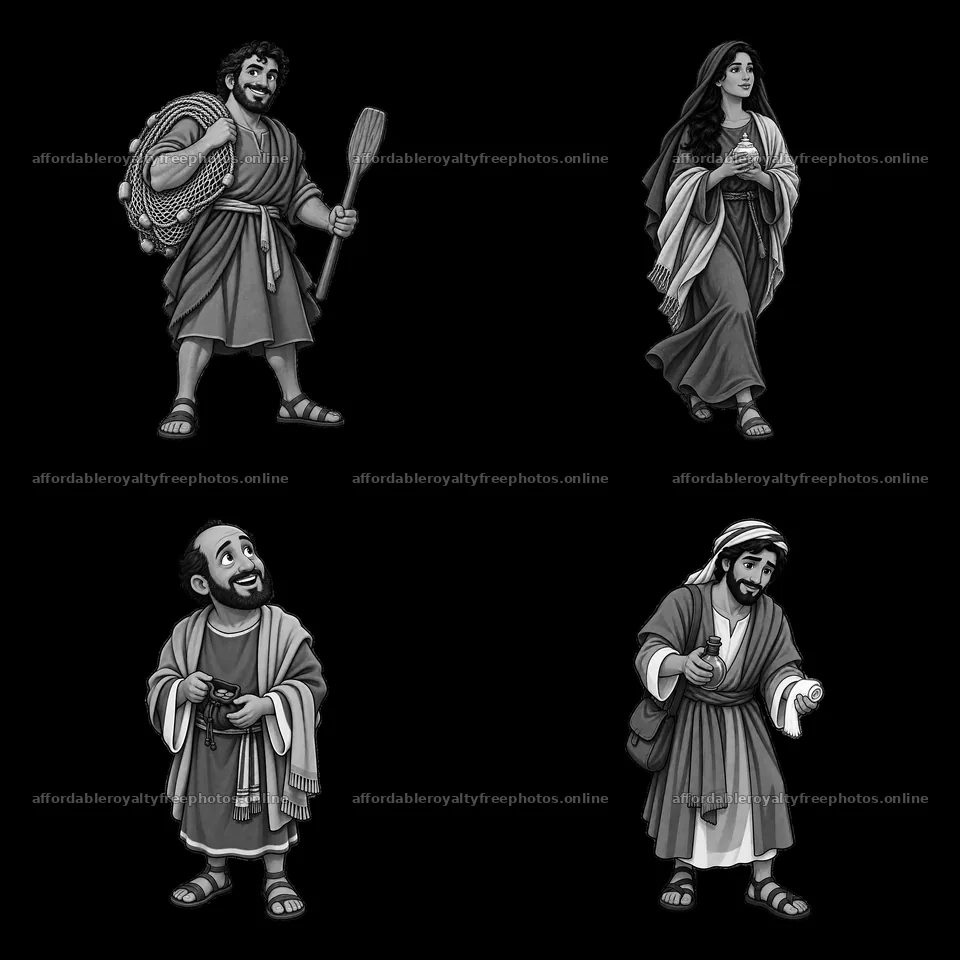 Jesus followers in black and white cartoon sticker – royalty-free photos 7746x7746