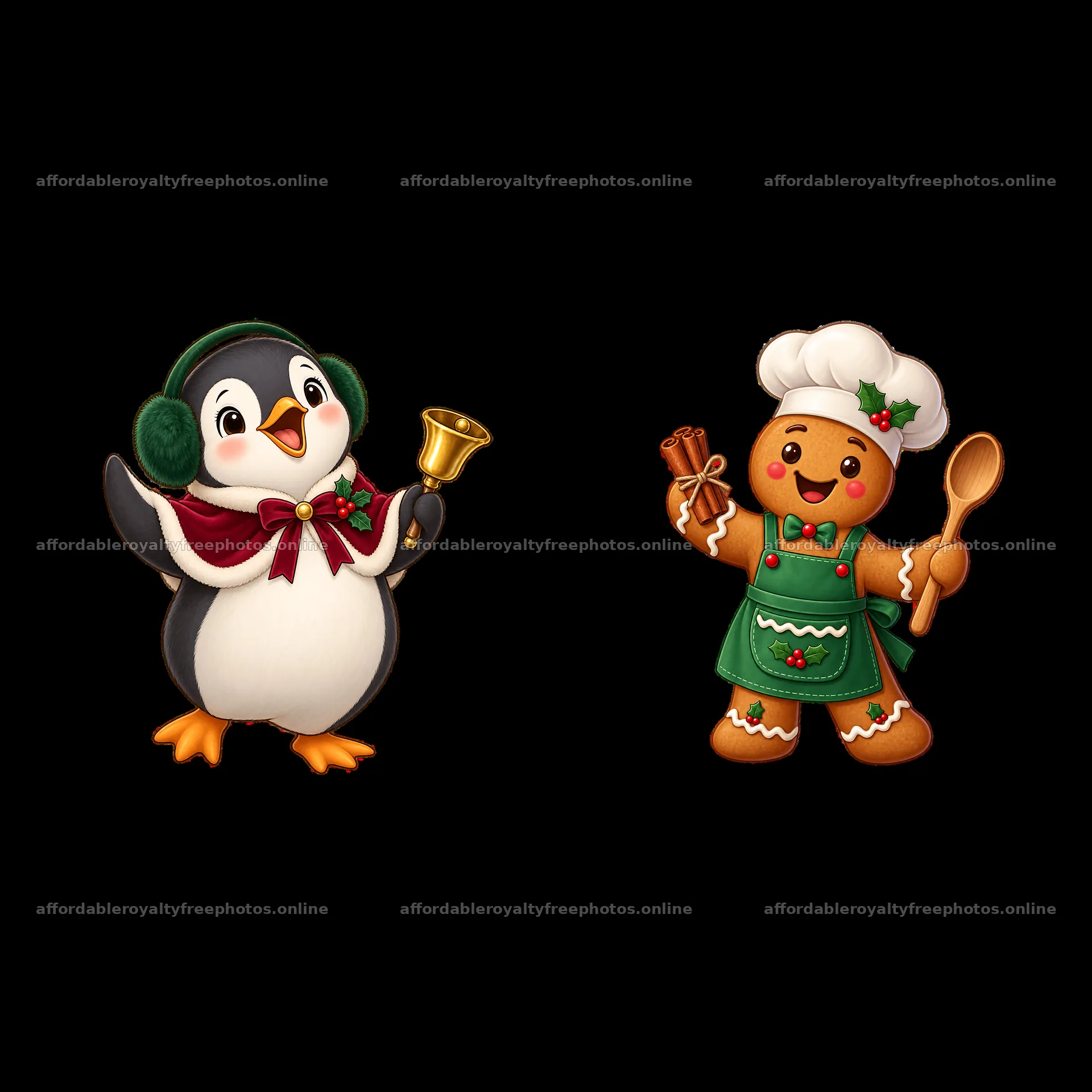 Penguin and gingerbread man celebrate Christmas at the – royalty-free photos 7746x7746
