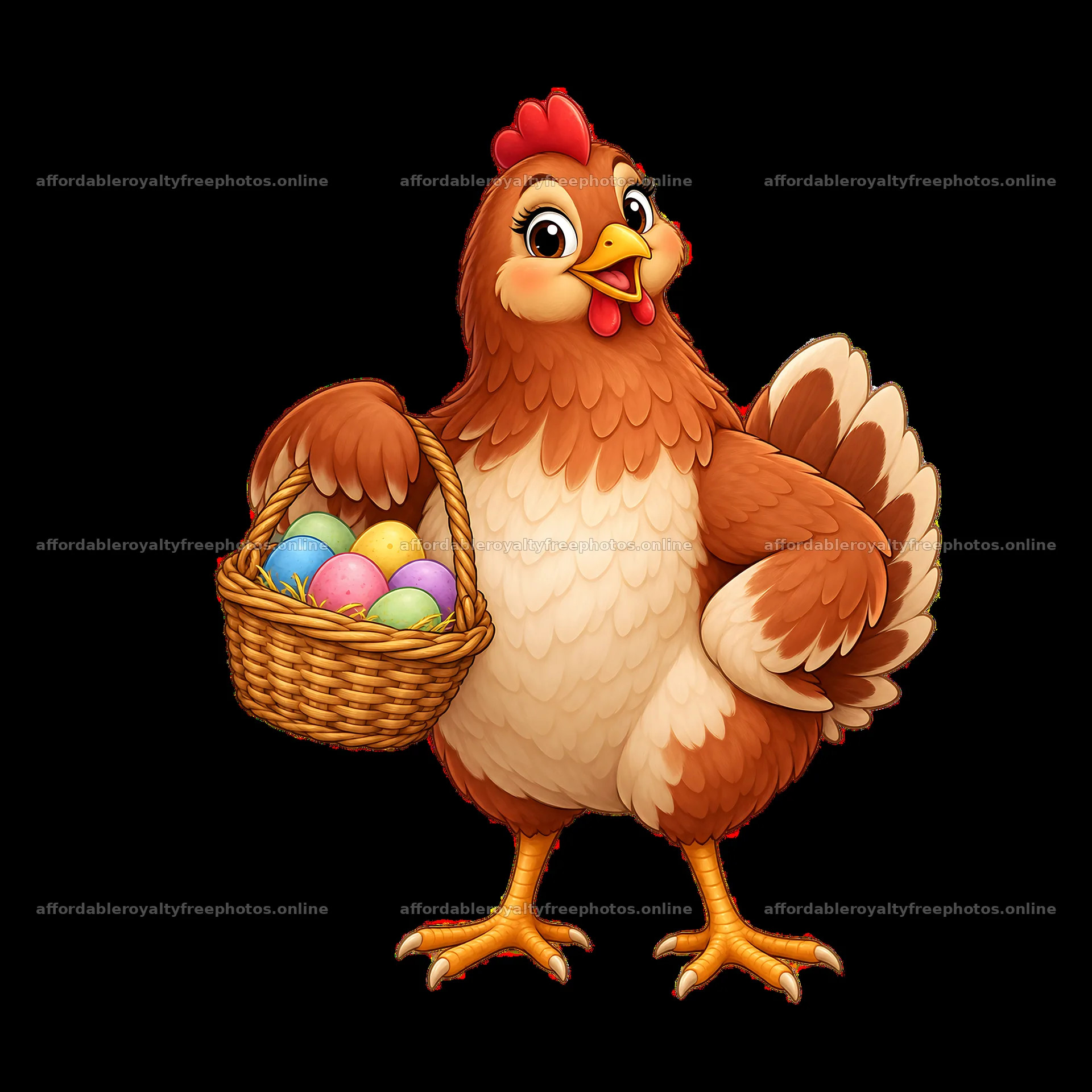 Cartoon hen holding a basket of colorful eggs – royalty-free photos 7746x7746
