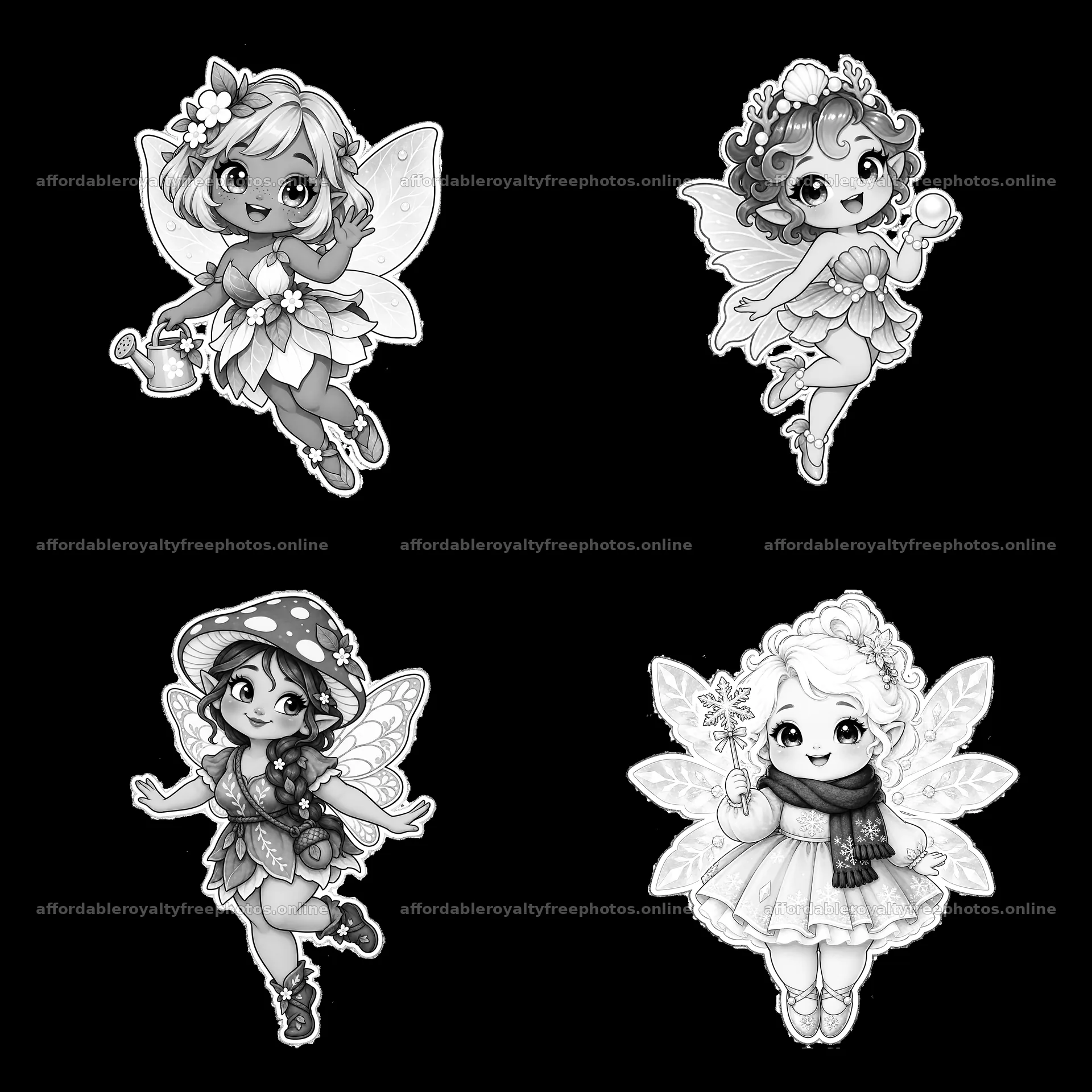 Kawaii chubby fairies with accessories in a 2x2 layout – royalty-free photos 7746x7746