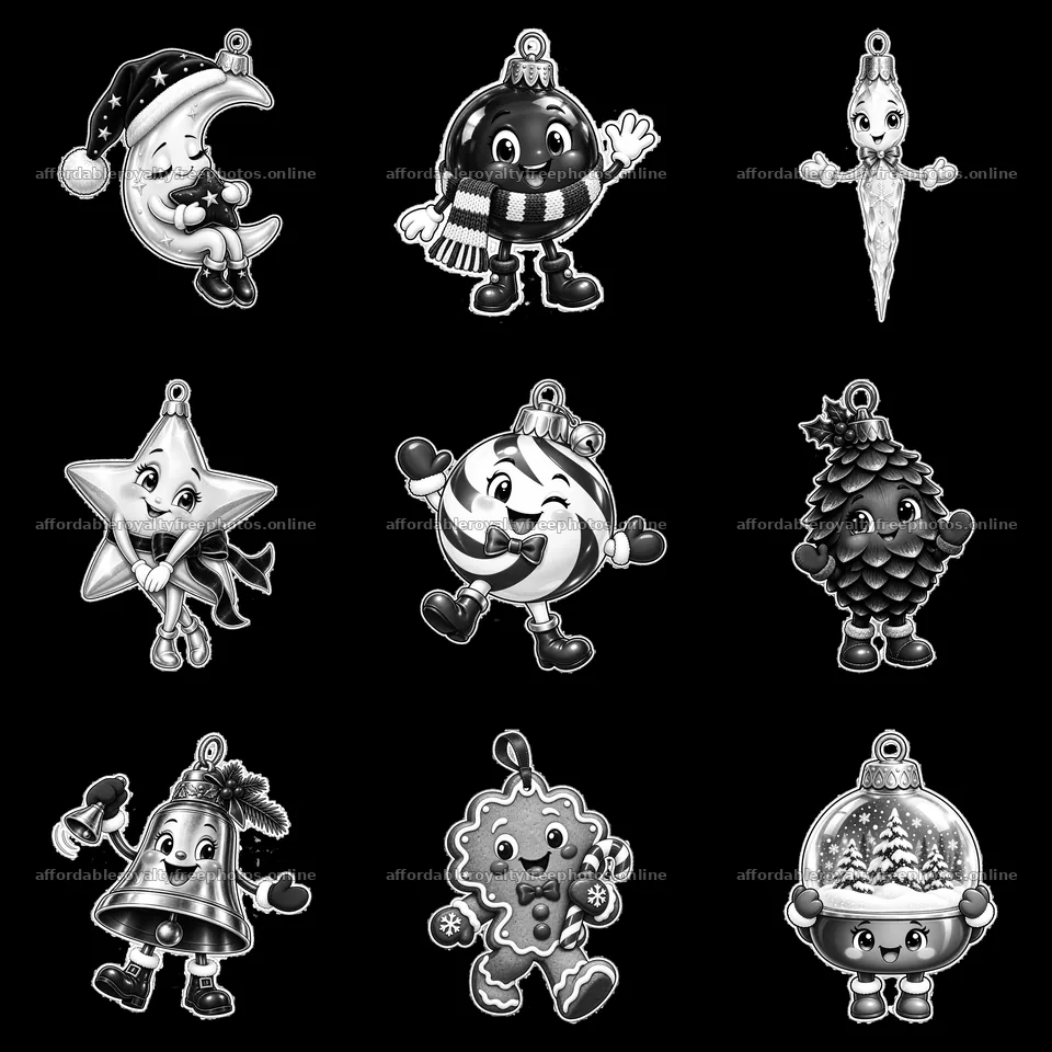 Cartoon Christmas ornaments in a 3x3 grid layout – royalty-free photos 7746x7746