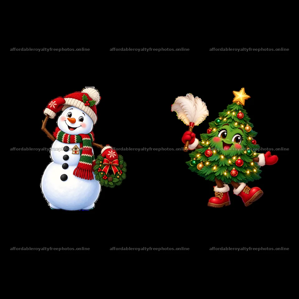 Snowman with wreath and cheerful Christmas tree character – royalty-free photos 7746x7746