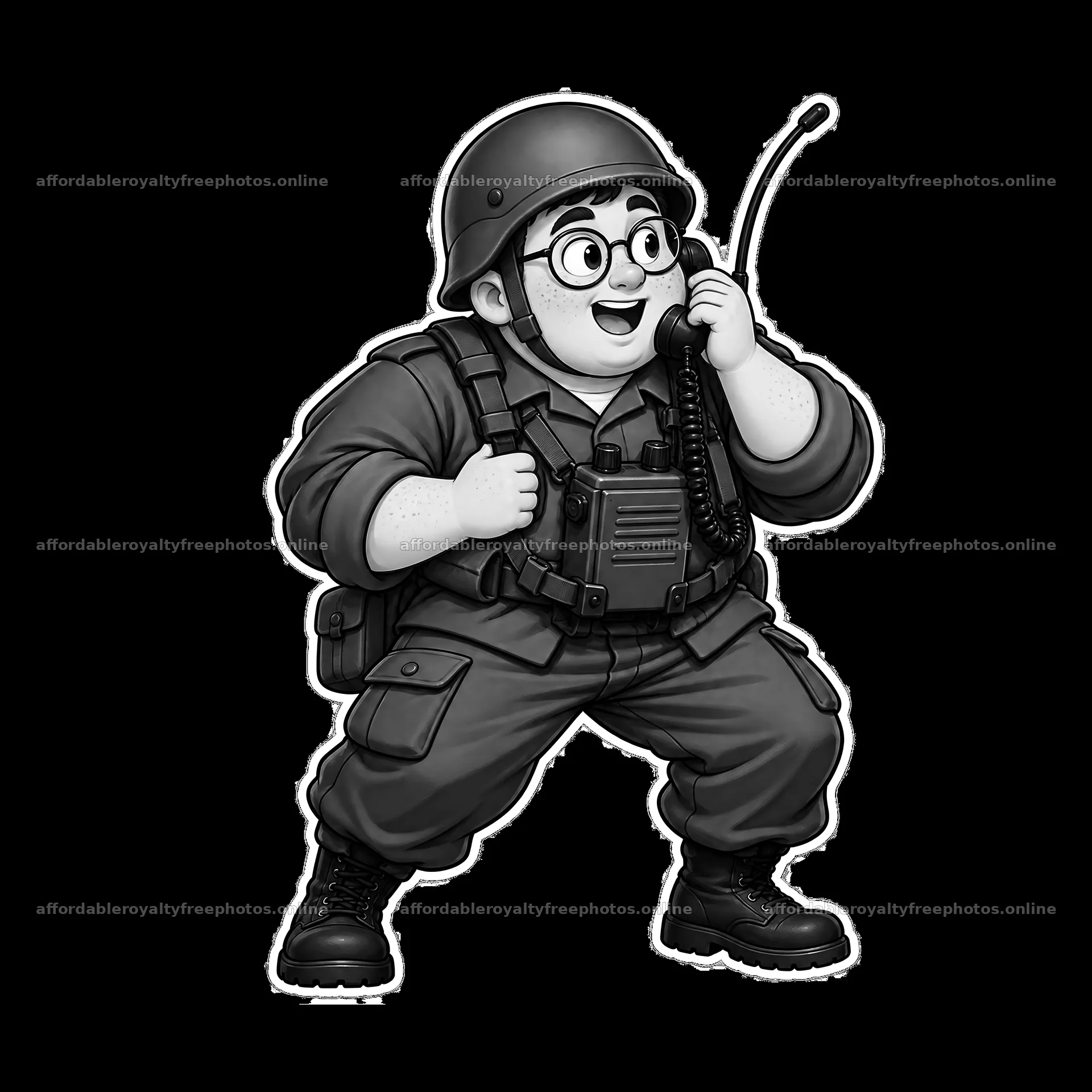 Cute ultra-chubby soldier speaking on radio equipment – royalty-free photos 7746x7746