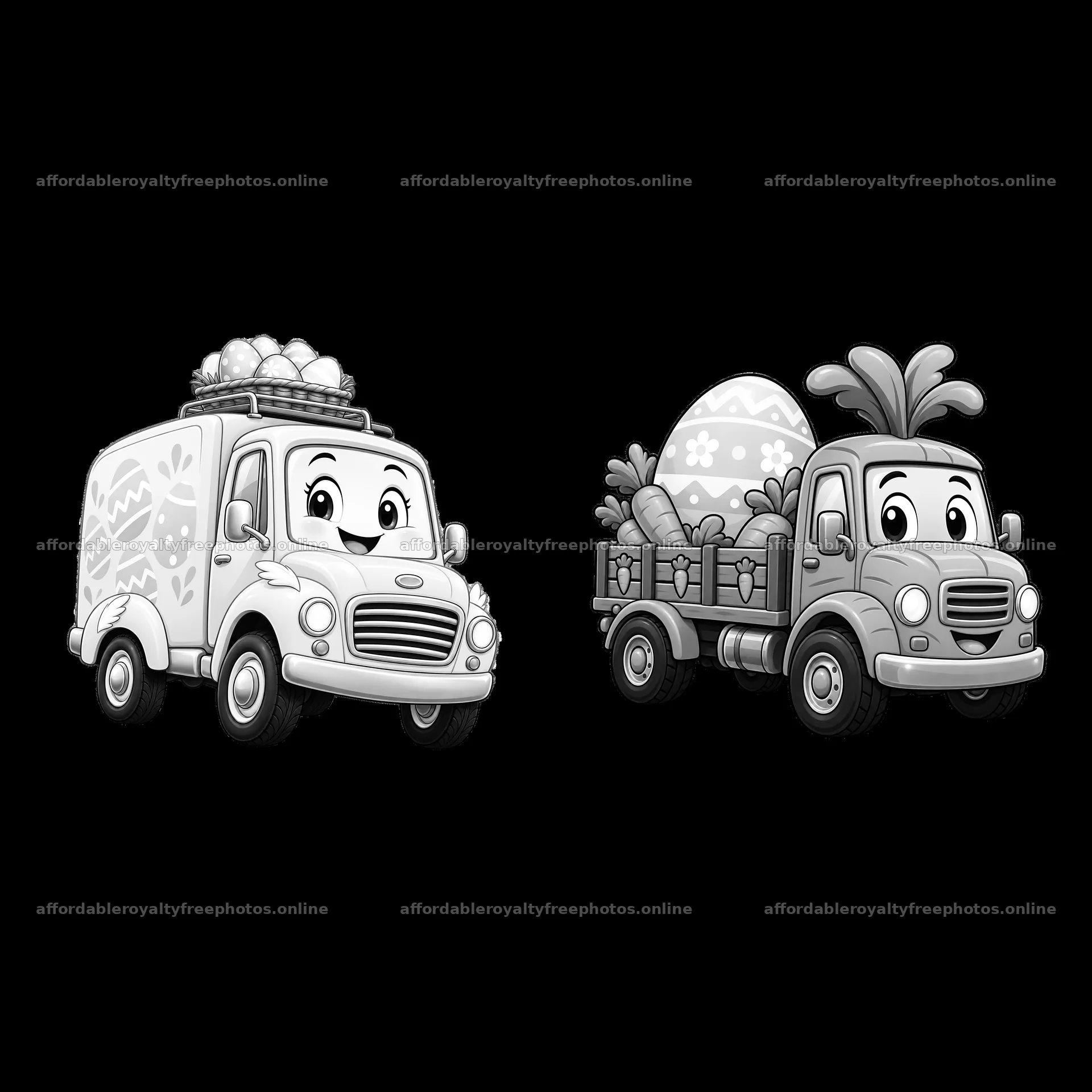 Easter truck delivering eggs and carrots in black and – royalty-free photos 7746x7746