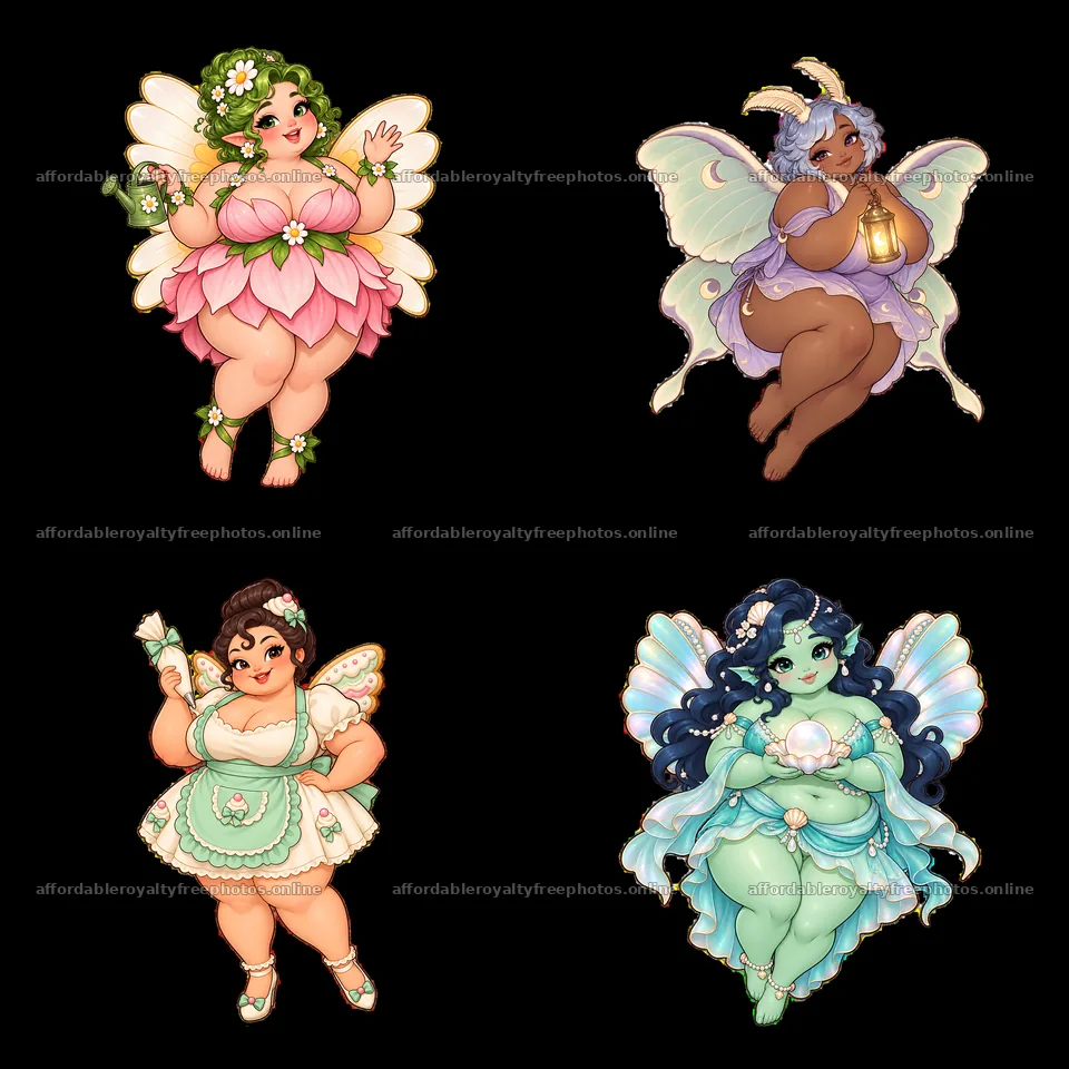 Kawaii ultra-fat fairies in colorful costumes and – royalty-free photos 7746x7746
