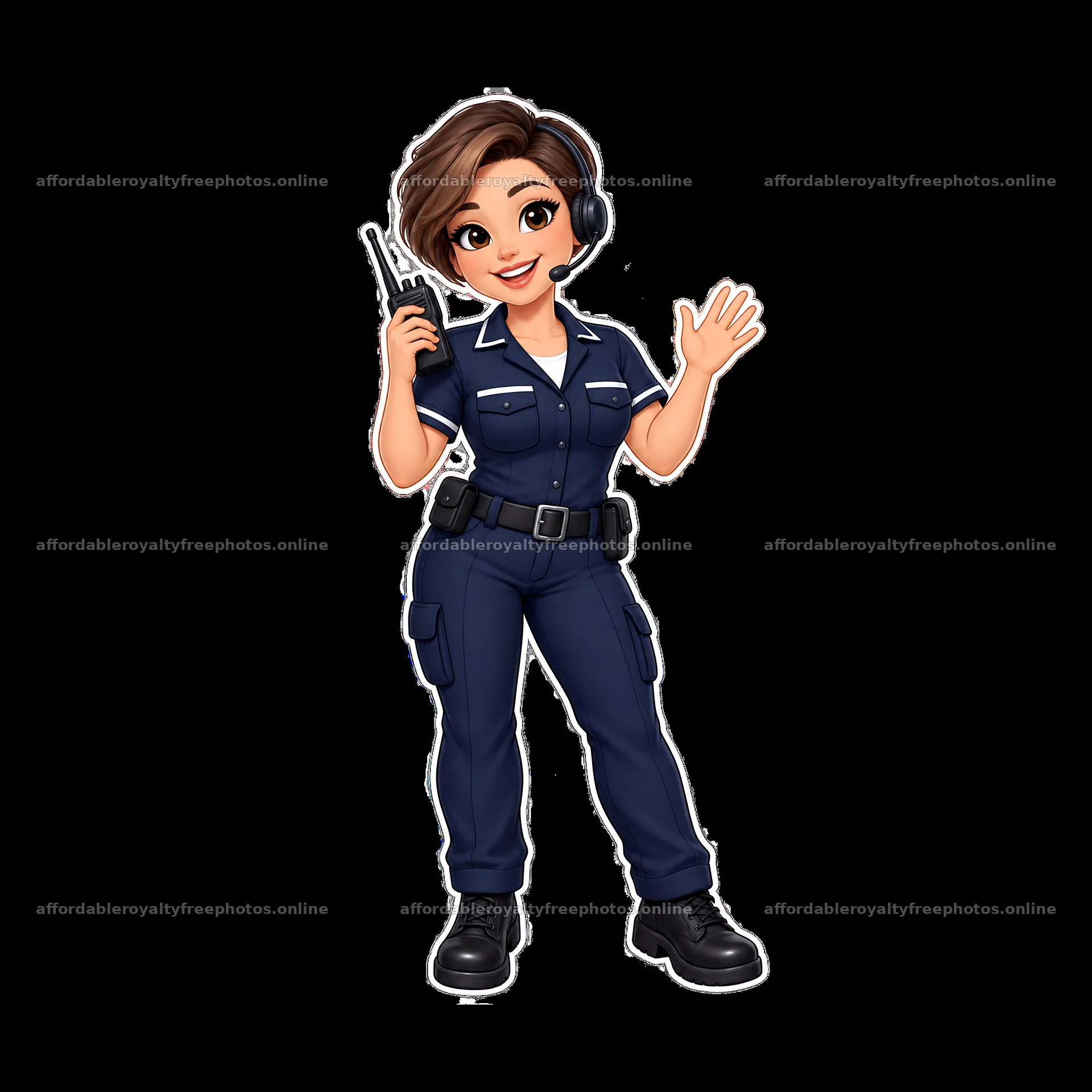 Police officer character with headset and walkie-talkie – royalty-free photos 7746x7746